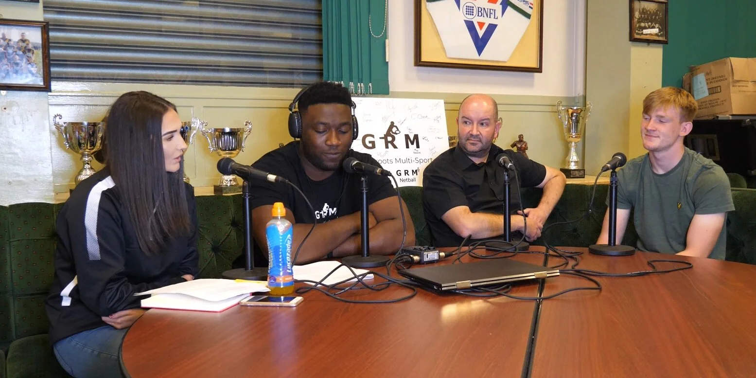 The panellists for this year’s top 40 met earlier this week to film the Season 3 End of Season show. Left to right: Lauren Sutton (GRM SPORT Podcast presenter), Shawn Boatin (Founder of GRM SPORT) Karl Hutchinson (Coach and Sec at Hull Wyke) and Leon Stewart (Hull FC Academy Player). You can watch the Season 3 Finale next Sunday (29th) on our Youtube channel.