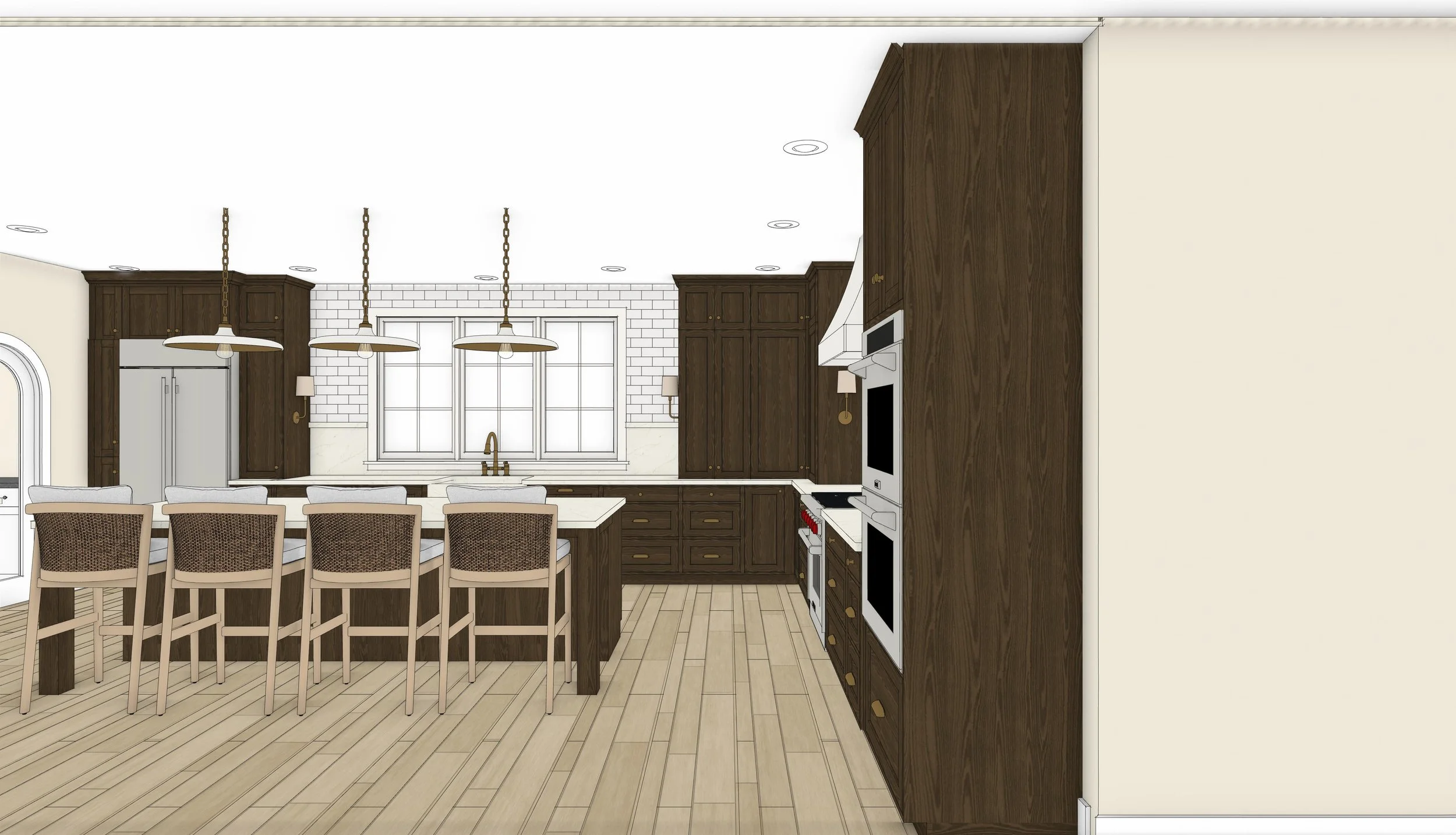 Interior of a modern kitchen with dark wood cabinetry, white subway tile backsplash, a large window, a kitchen island with beige chairs, and built-in appliances.