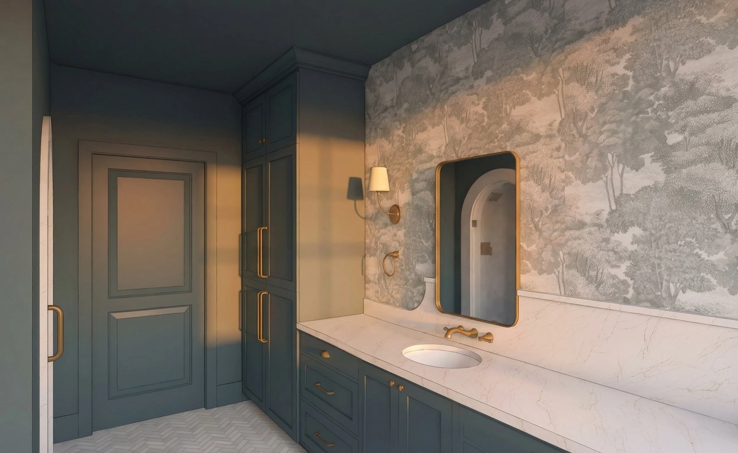A modern bathroom with blue cabinetry, a white marble countertop, a gold-framed mirror, and a wall-mounted light fixture, with wallpaper featuring a nature scene.