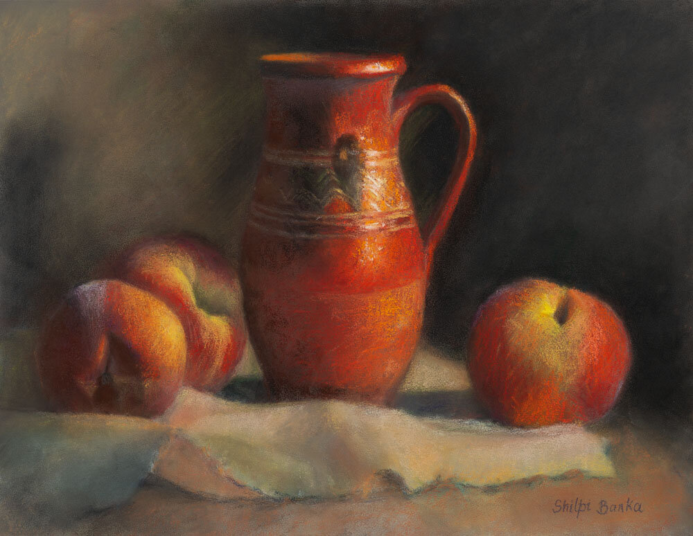 Terracotta pitcher and peaches.jpg