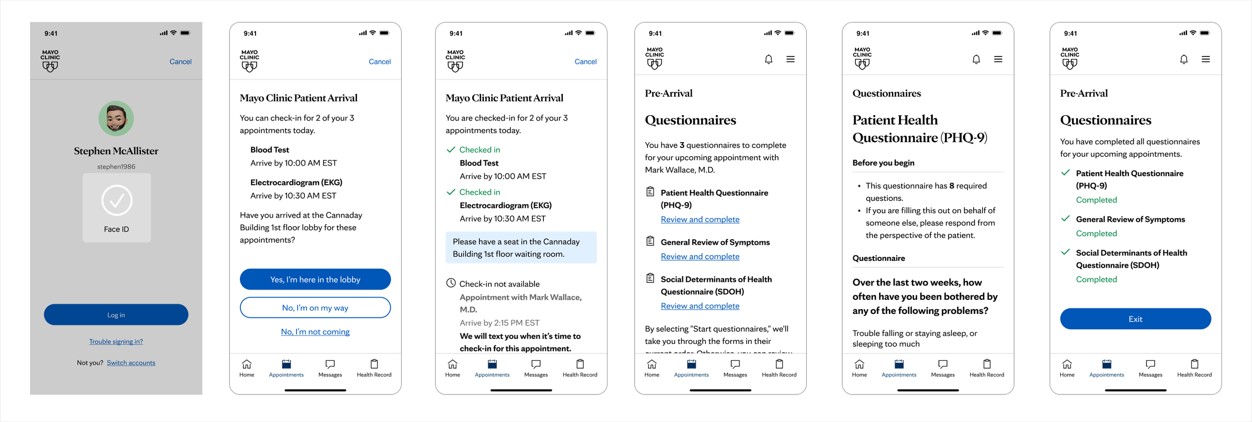 Future-state digital check-in experience enabling patients to authenticate, complete pre-arrival requirements, check in for appointments, and receive guidance throughout their healthcare visit.