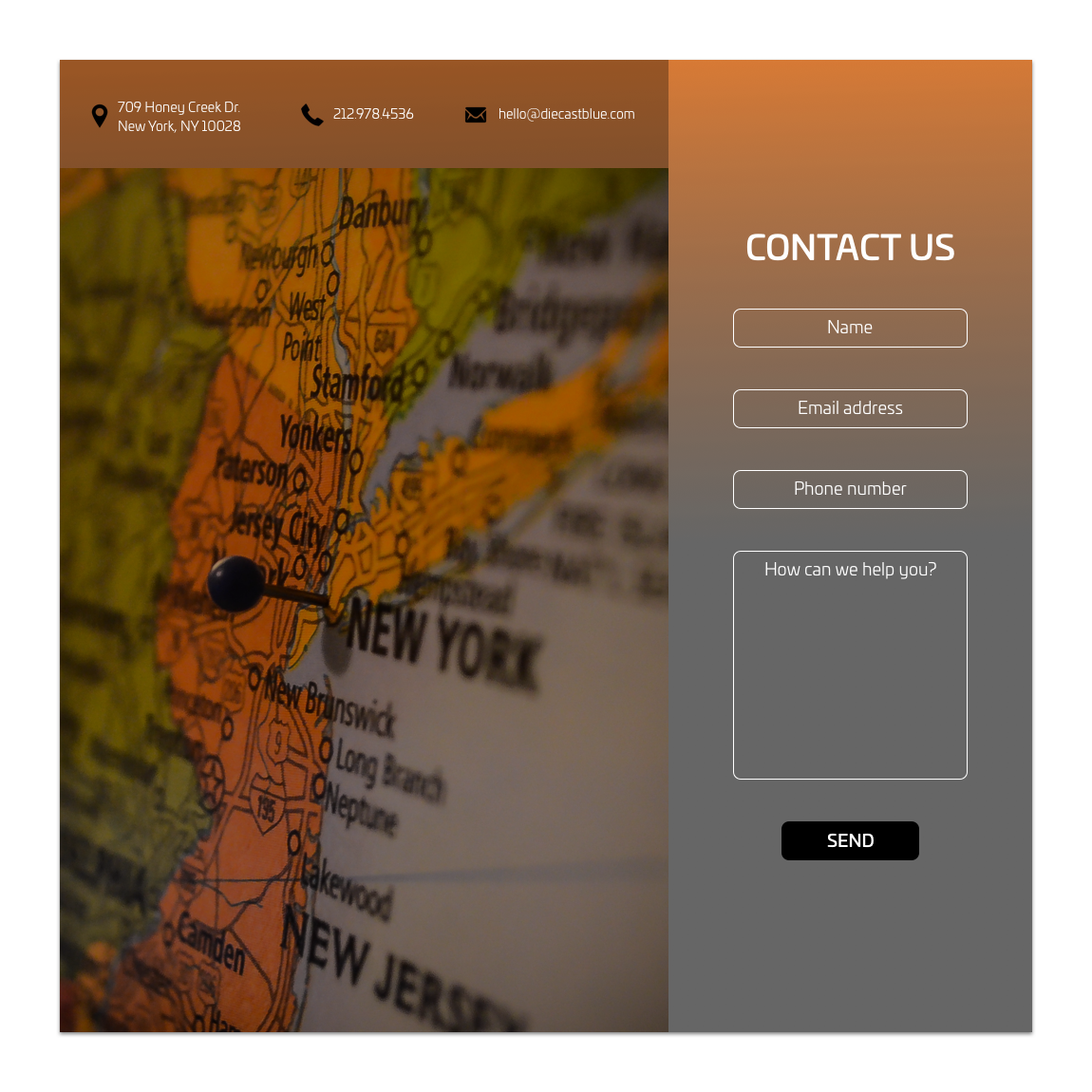 DAY #028: CONTACT USThe Challenge: Design a contact us page or form.Behind the Design: For this challenge, I decided to design a desktop contact us page for a company in New York. I chose warm colors inspired by the photo of the map. I used transpar…