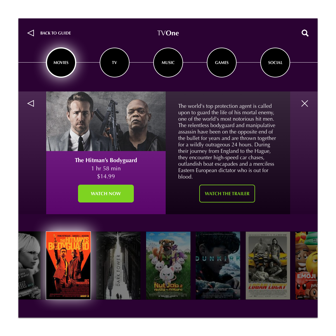 DAY #025: TV APPThe Challenge: Design an app for a smart TV.Behind the Design: For this challenge, I designed an entertainment app for a smart TV. This is the view that you would see if you were looking for a movie to watch. I used neon green for th…