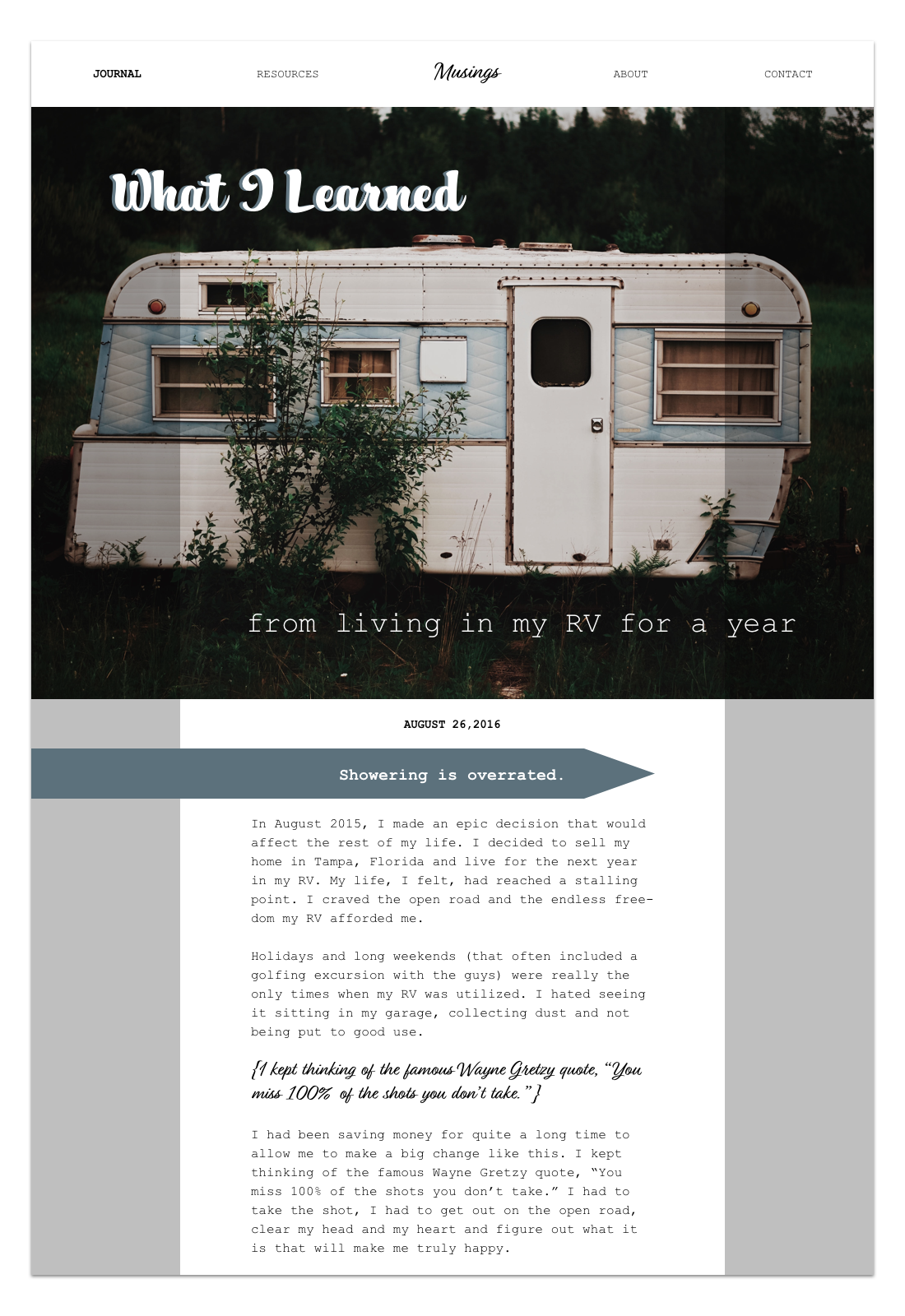 DAY #035: BLOG POSTThe Challenge: Design a blog post.Behind the Design: I created a blog and a blog post with a retro style design. I chose to use fonts and a dusty blue accent color that reminded me of the 60's and 70's.Photo credit: Eric Gilkes on…