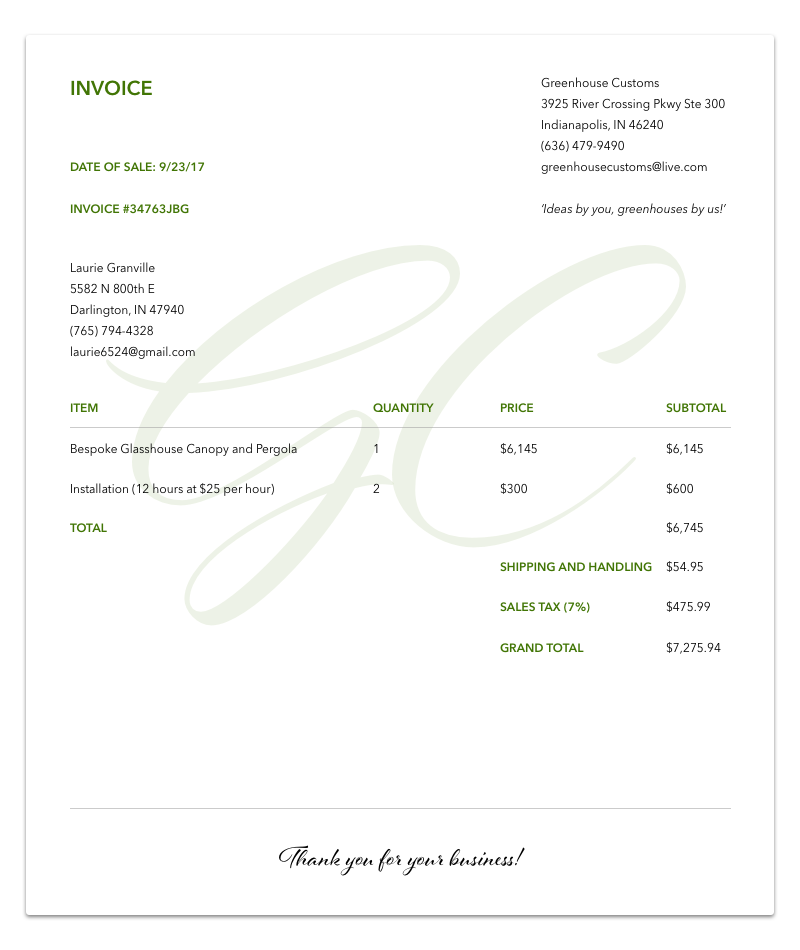 DAY #046: INVOICEThe Challenge: Design an invoice.Behind the Design: For this challenge, I designed a simple invoice for a custom greenhouse business. Inspired by the product, I chose green, white and black for the color palette. For the background,…