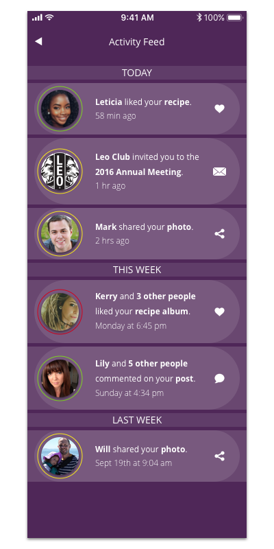 DAY #047: ACTIVITY FEEDThe Challenge: Design an activity feed.Behind the Design: I don't feel like purple is used enough in design, so I decided to make that color star as the main one in this design. This is an activity feed for a foodie social med…