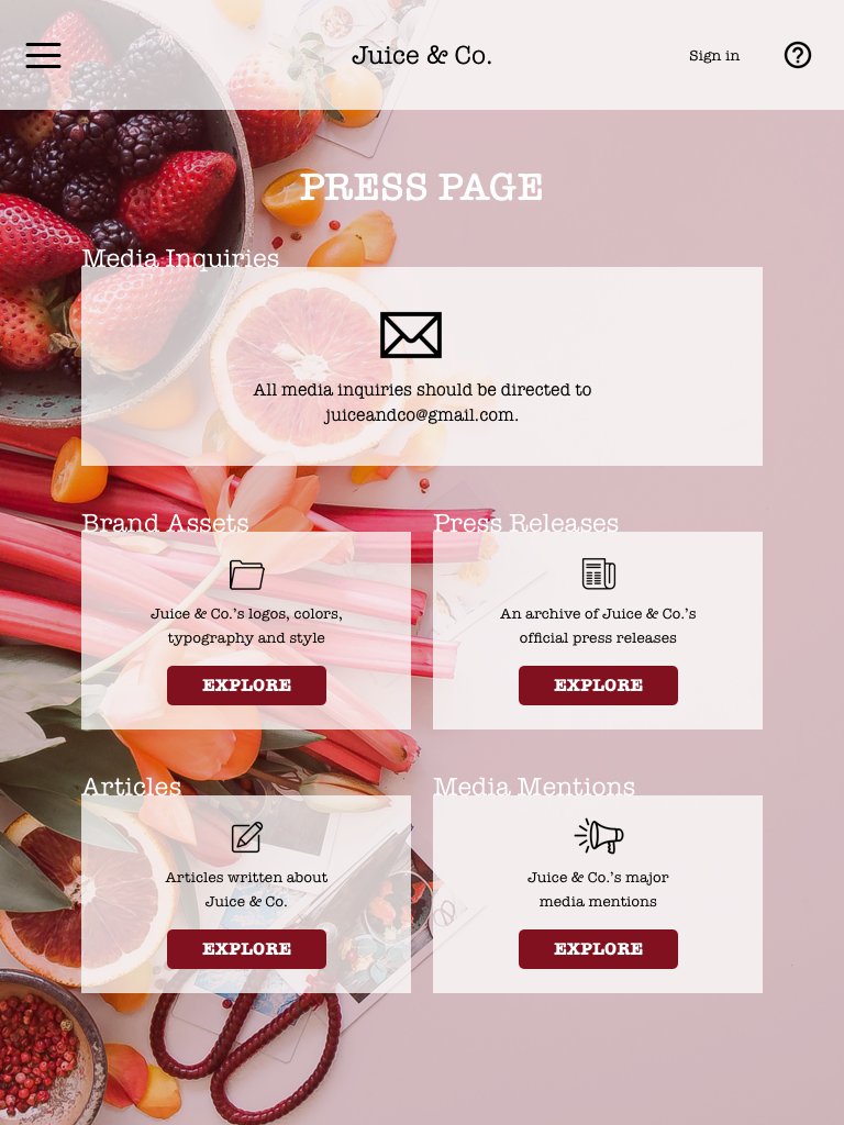 DAY #051: PRESS PAGEThe Challenge: Design a press page.Behind the Design: I designed a press page for a fictional juice company for this challenge.Photo credit: Brooke Lark on Unsplash