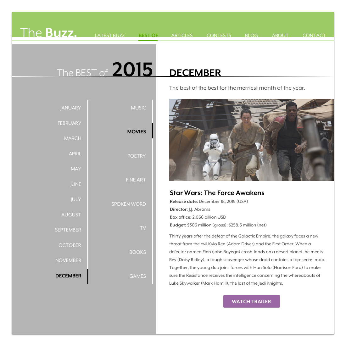 DAY #063: BEST OF 2015The Challenge: Design something relating to the best of 2015.Behind the Design: For this challenge, I designed a page within a fictitious entertainment website called 'The Buzz.' that lists the best in entertainment for 2015.