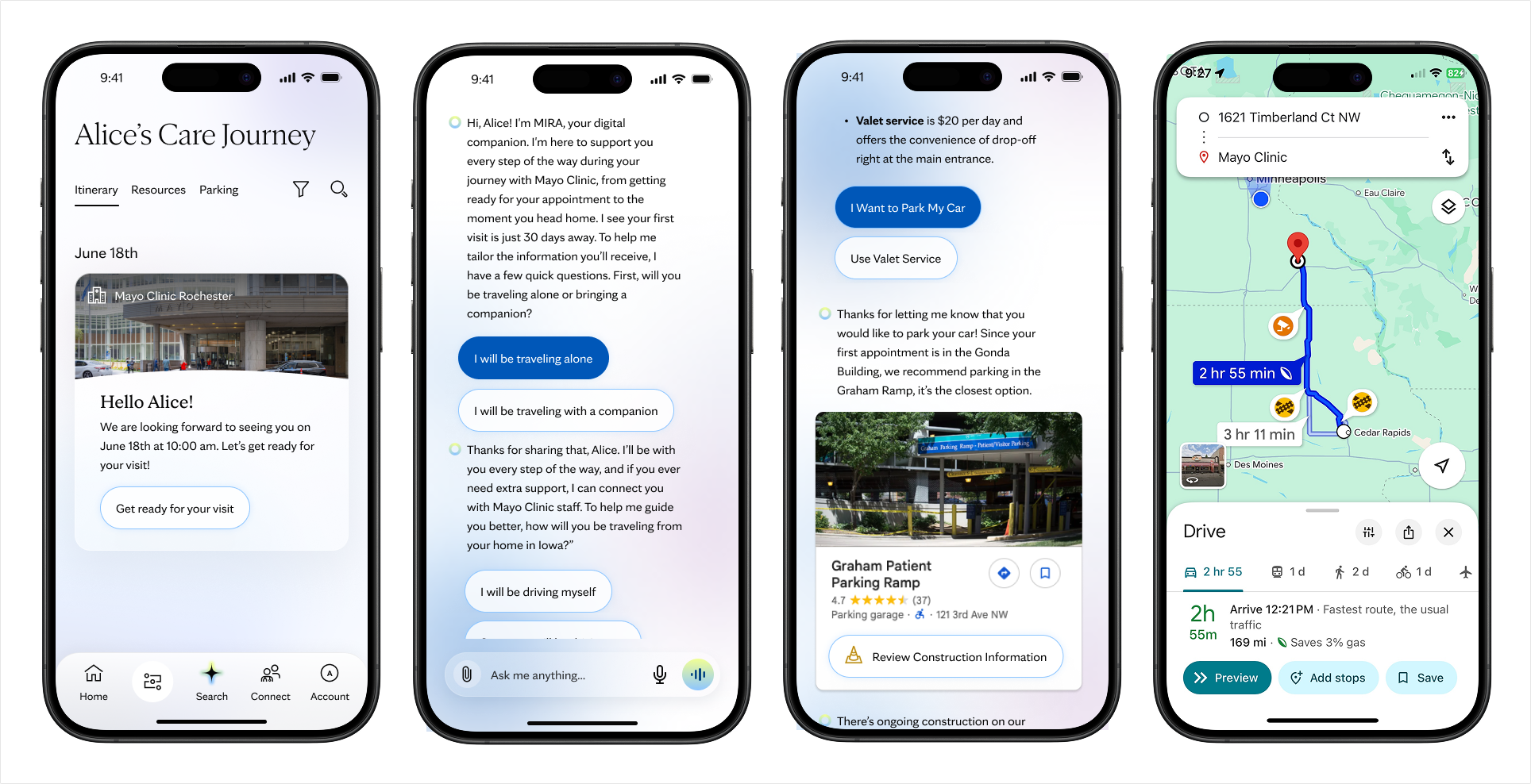 AI-enabled patient experience supporting appointment preparation, travel planning, parking guidance, and navigation before arrival.
