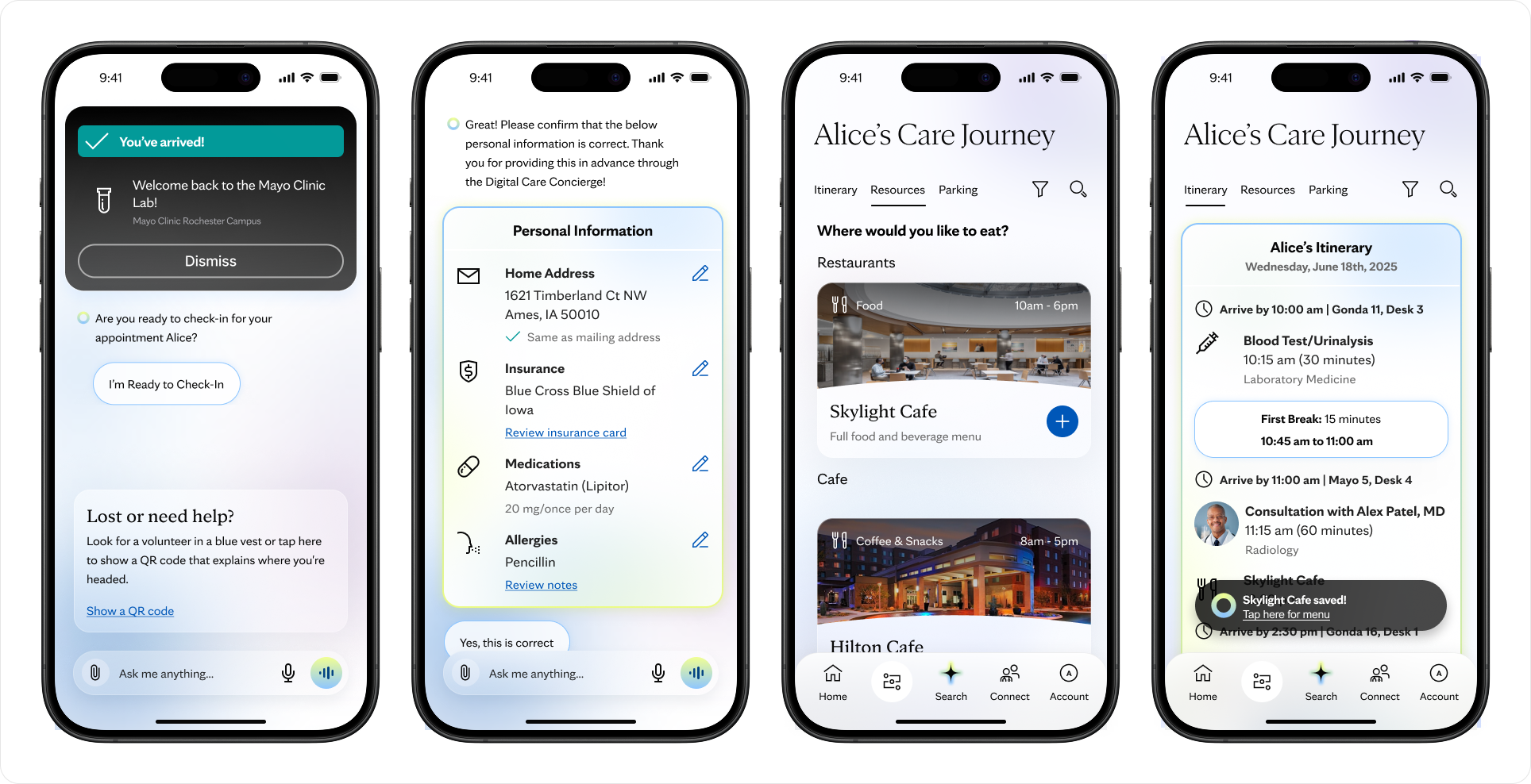 AI-enabled patient experience supporting arrival, check-in, itinerary management, dining recommendations, and on-campus wayfinding during a healthcare visit.