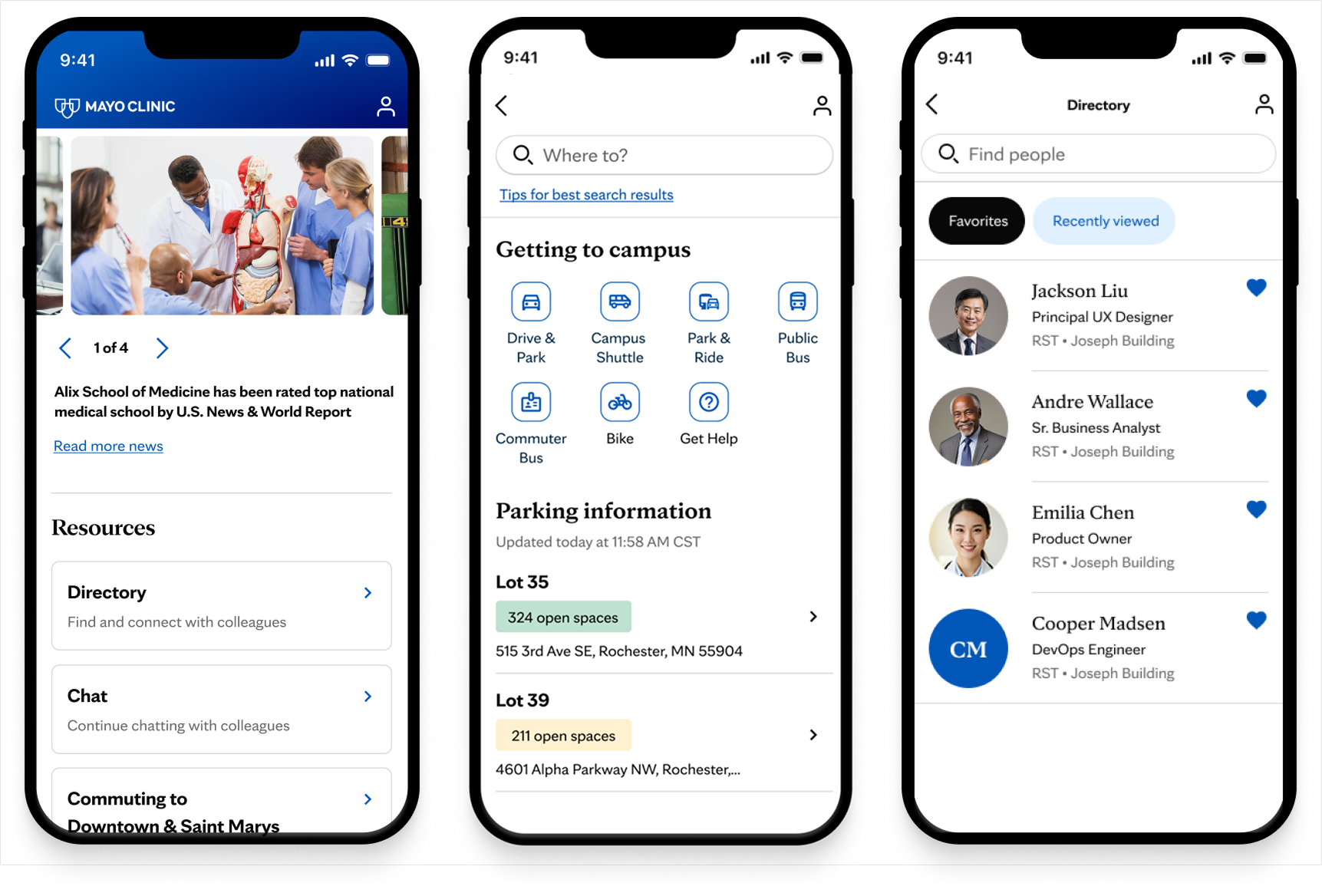 Employee-facing mobile experience that centralizes workplace resources, navigation, transportation information, parking availability, and employee directory services to support day-to-day campus activities.