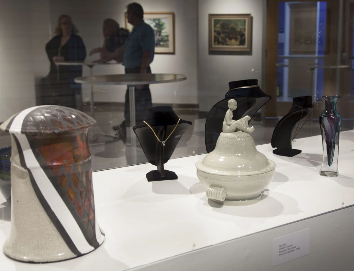 Left to Right "Black-White Metallic" raku by Barbara Cassino, purchased by TFAS in 1975. "Untitled" ceramic tureen by Jack Earl, purchased by TFAS in 1969. "Vase" blown glass by Leon Applebaum, purchased by TFAS in 1978