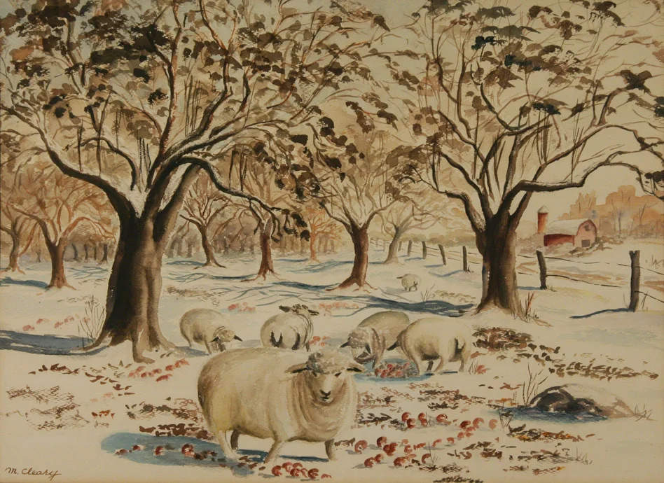 Sheep in the Apple Orchard by Marion Cleary. Purchased in 1956.