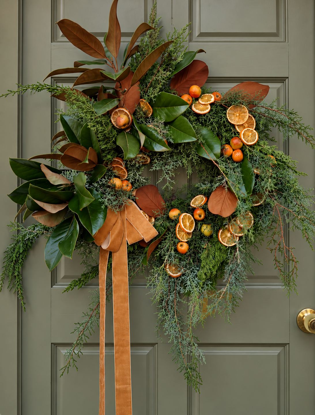 Abundant Citrus Magnolia Wreath on Olive Door.png
