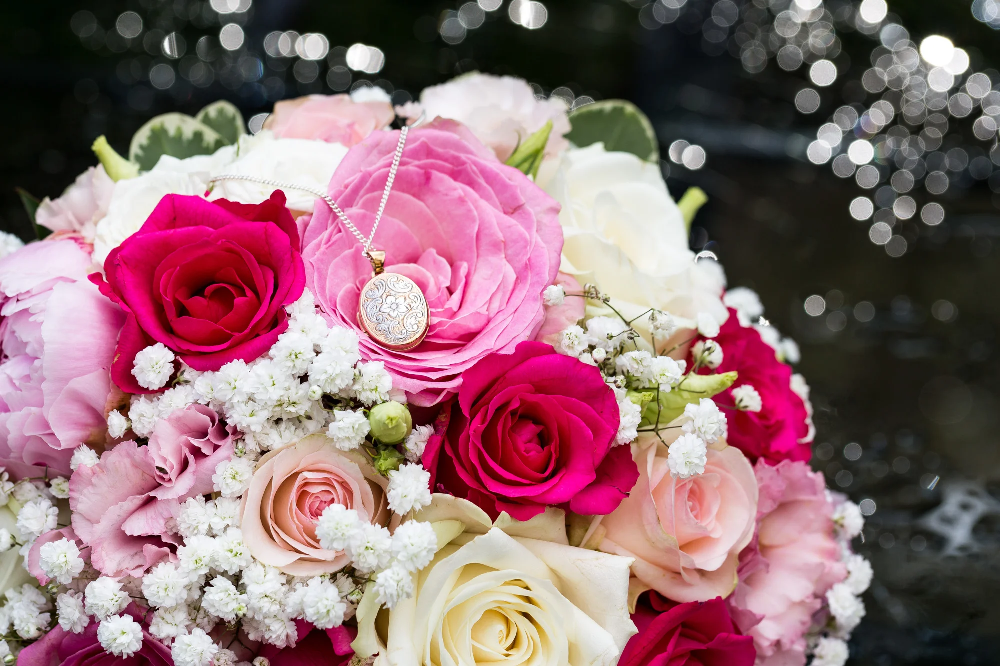 wedding bouquet and locket