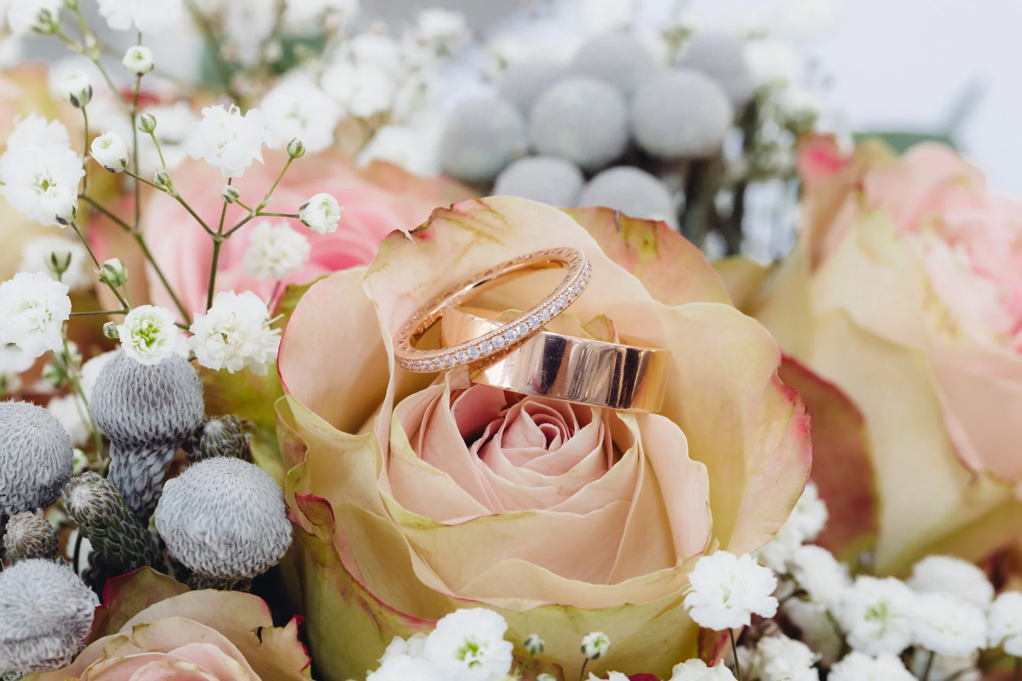 wedding bouquet and wedding rings