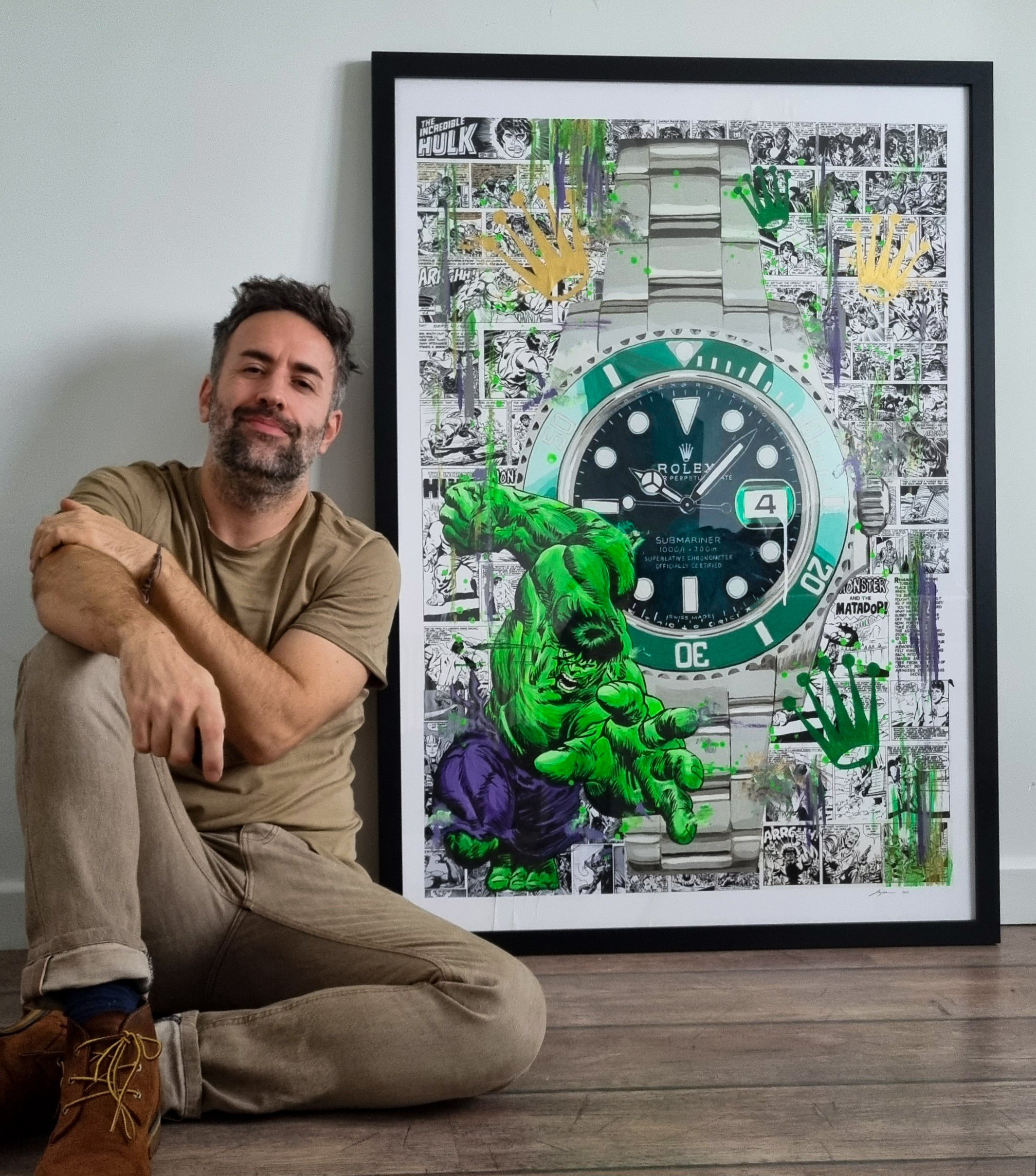 Ian Salmon Art - Rolex Watch Incredible Hulk Painting - Limited Edition print - Pop Wall Artwork Poster gift decor gifts - Framed 1.jpg