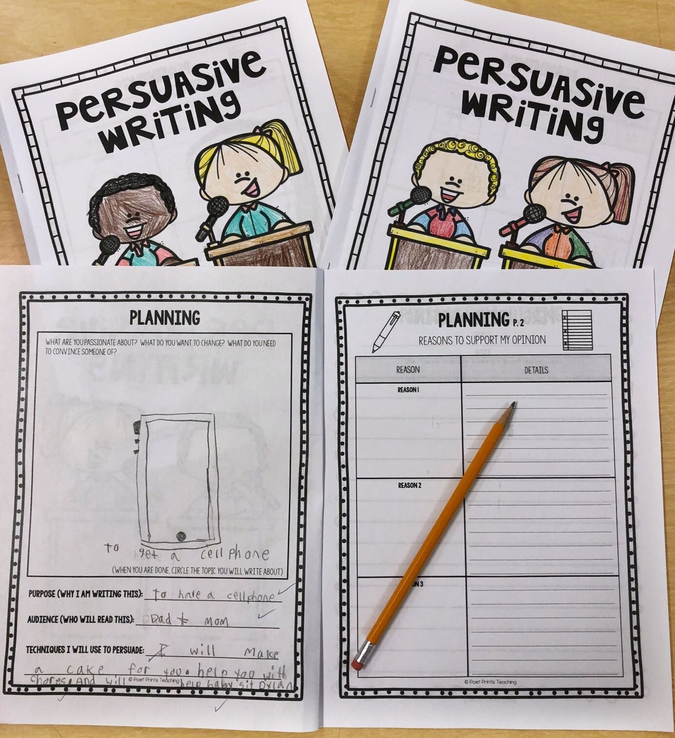 Students begin planning their persuasive essays.  In this example a student is planning to persuade their guardian to buy them a cellphone.