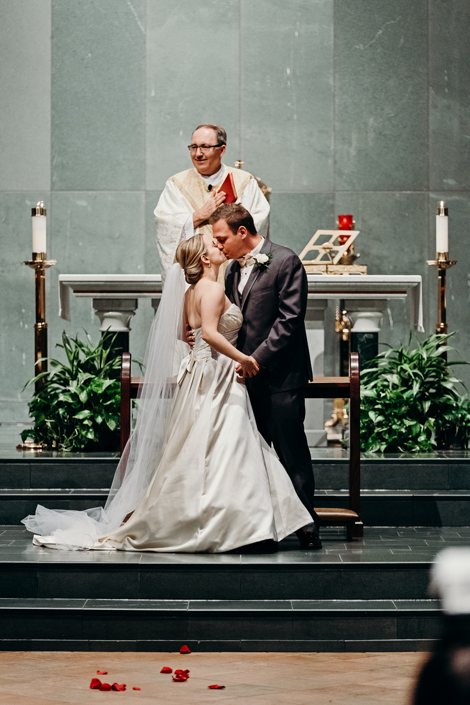 Bride and groom's first kiss as husband and wife