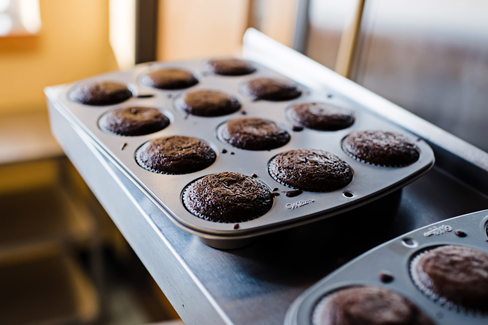 Chocolate cupcakes in a muffin tin