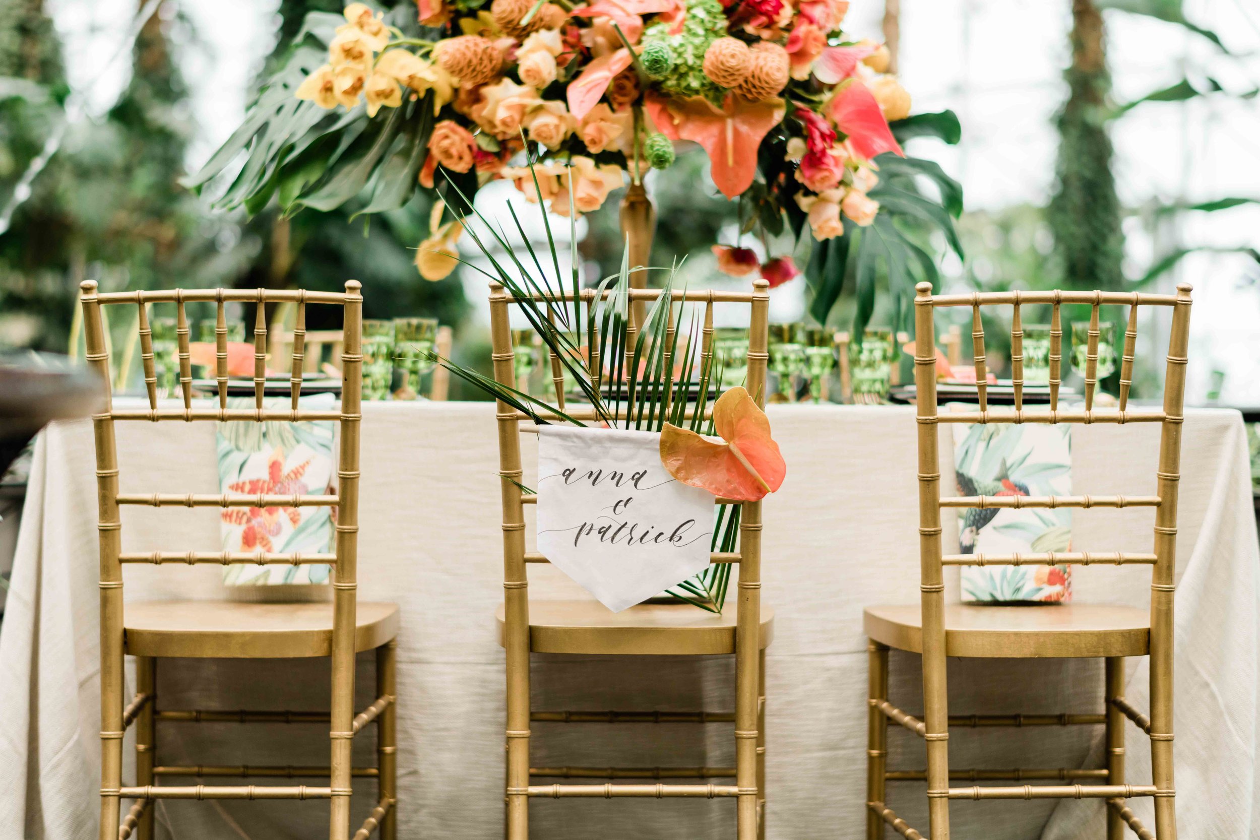 Bride and groom name sign on a chair