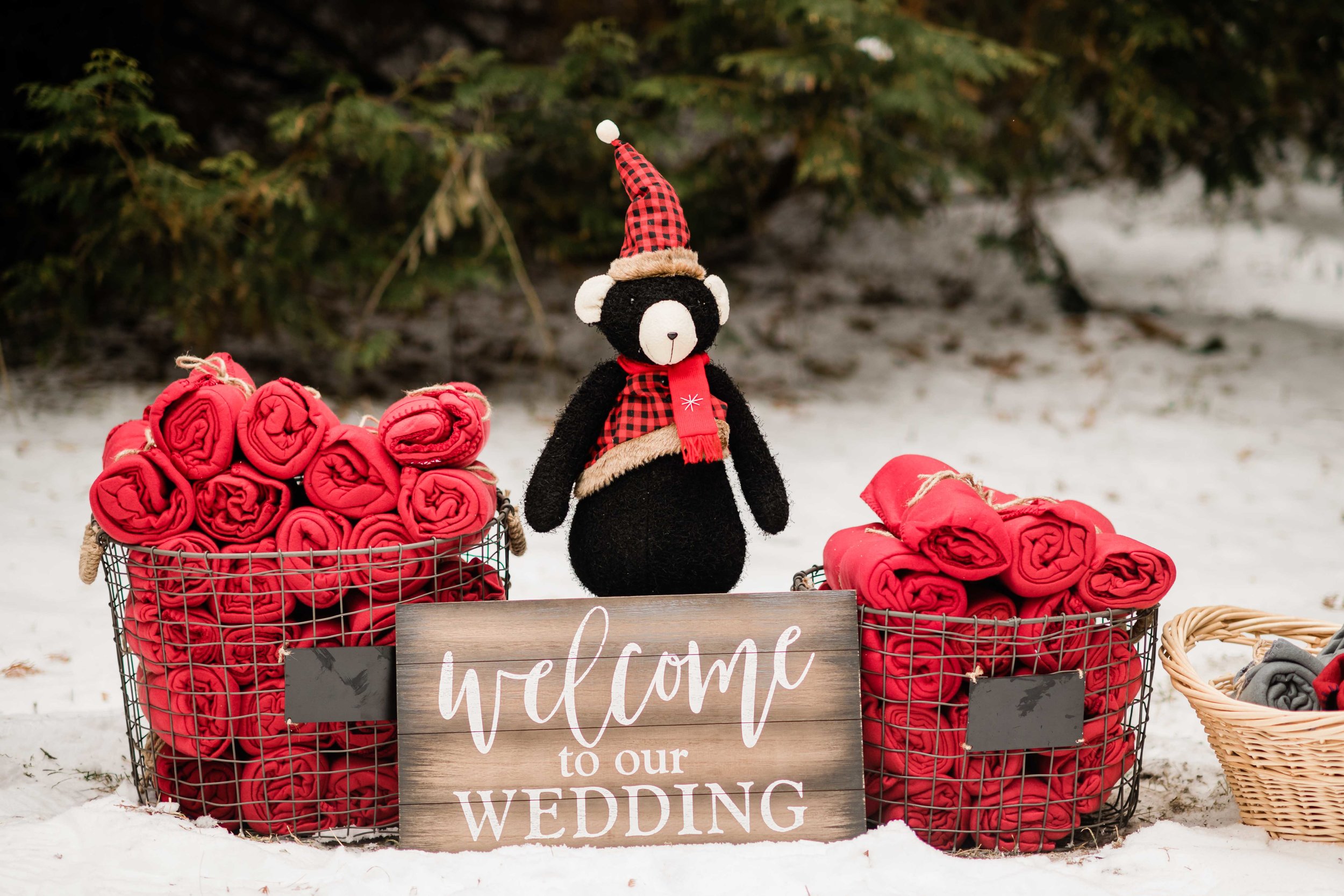 Welcome to our wedding sign and blankets for outdoor winter wedding