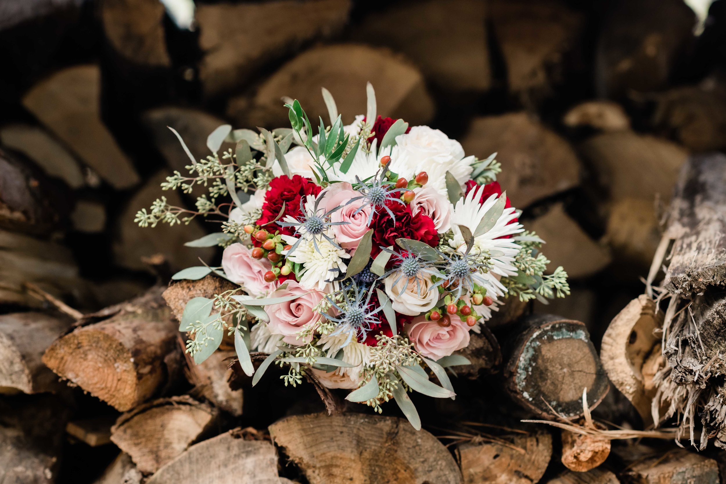 Bridal bouquet on split firewood