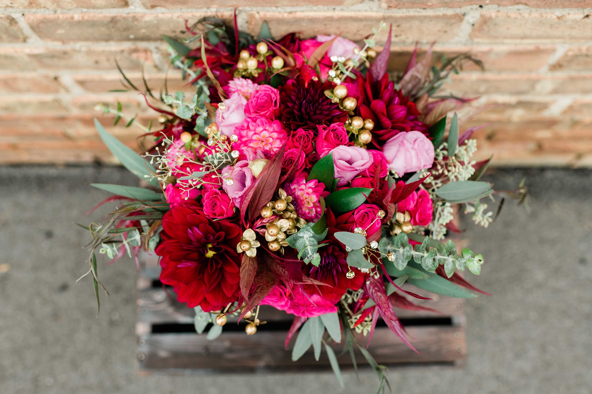 Bridal bouquet on wooden crate