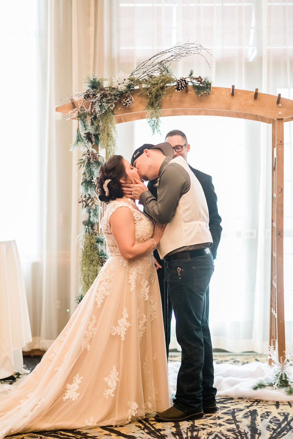 Bride and groom's first kiss