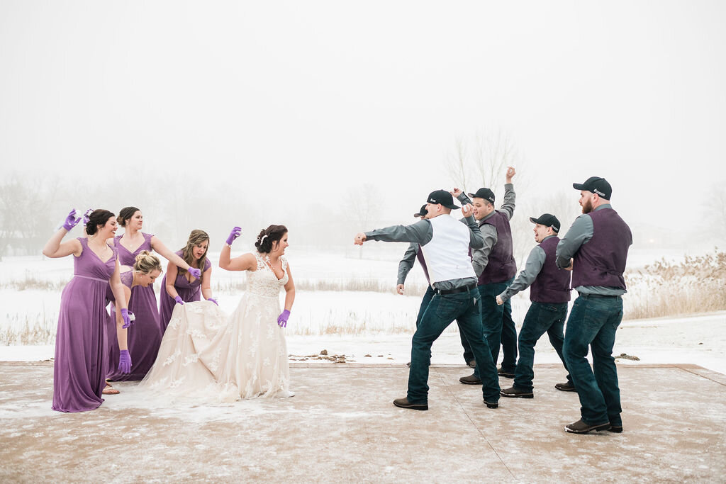 Wedding party snowball fight
