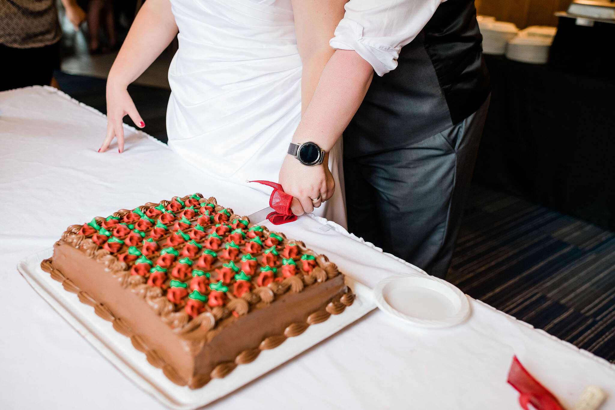 Closeup of brides cutting their wedding cake