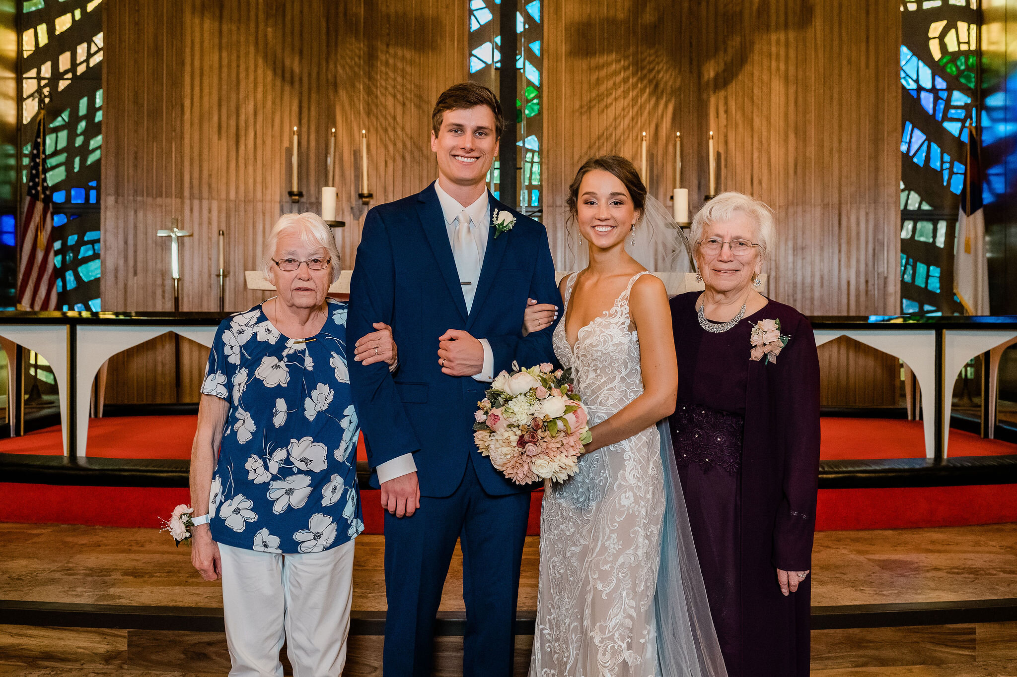 Bride and groom with grandmas