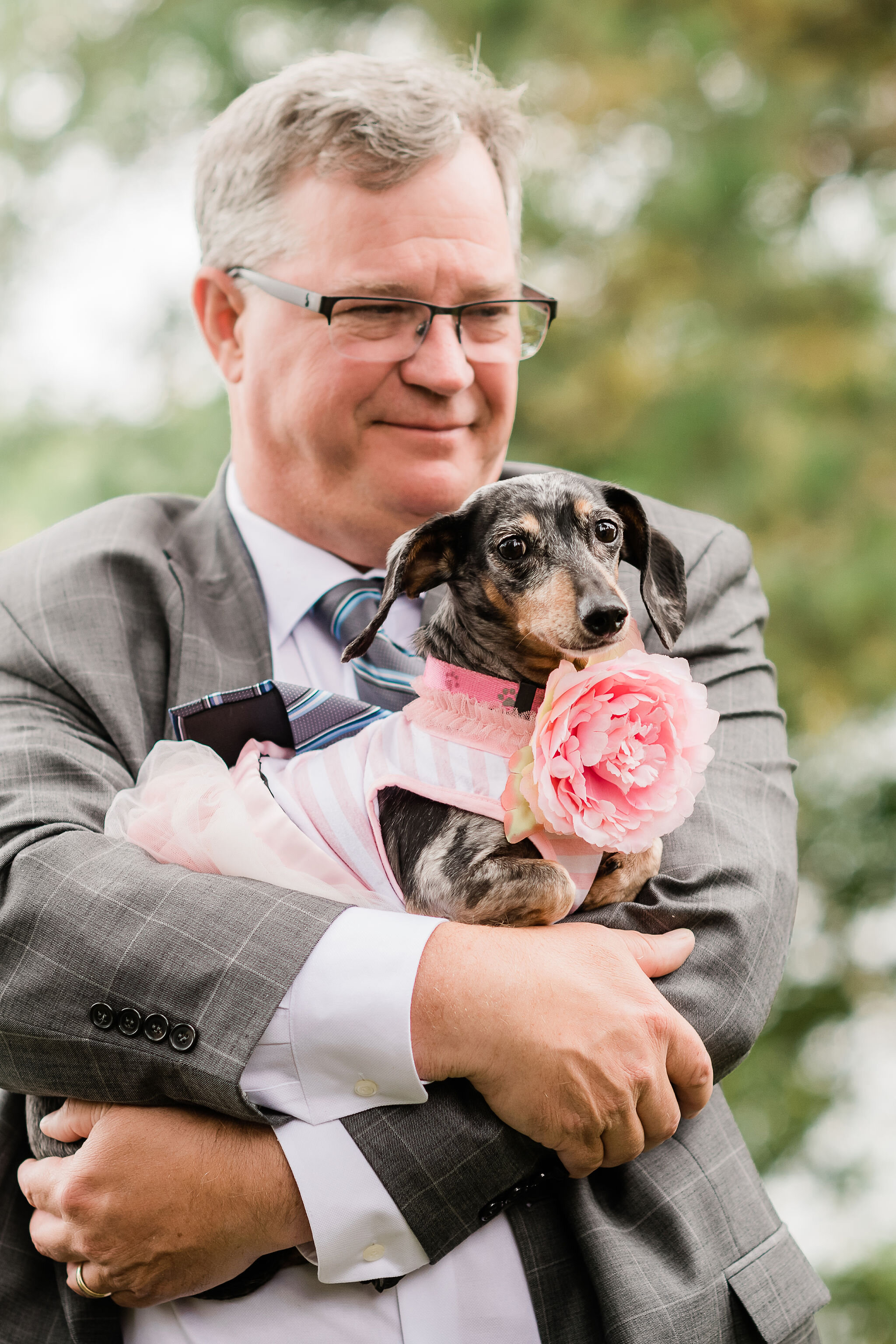 Wedding guest holding dog