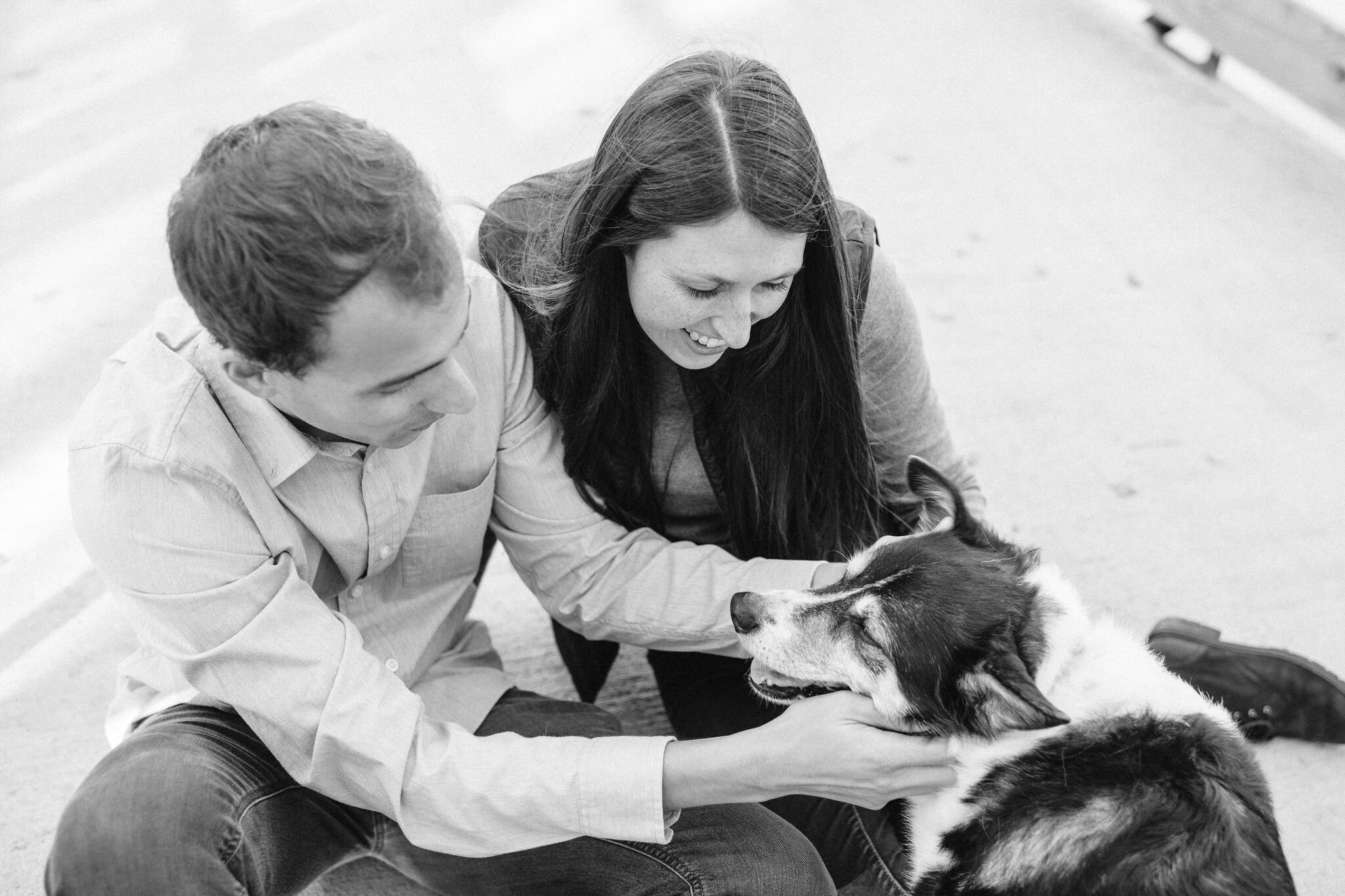 Engaged couple petting their dog