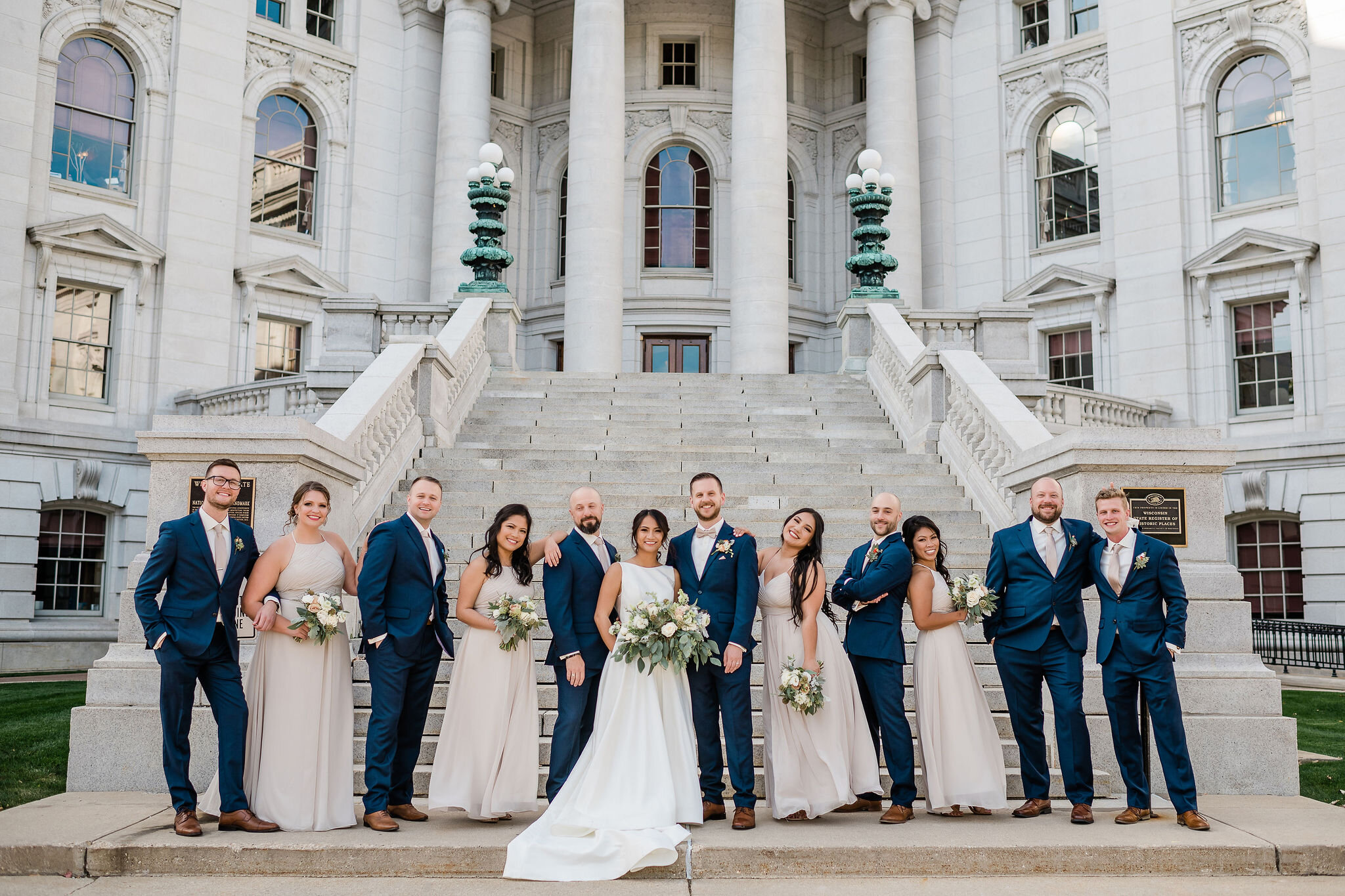 Wedding party in front of the Wisconsin State Capitol