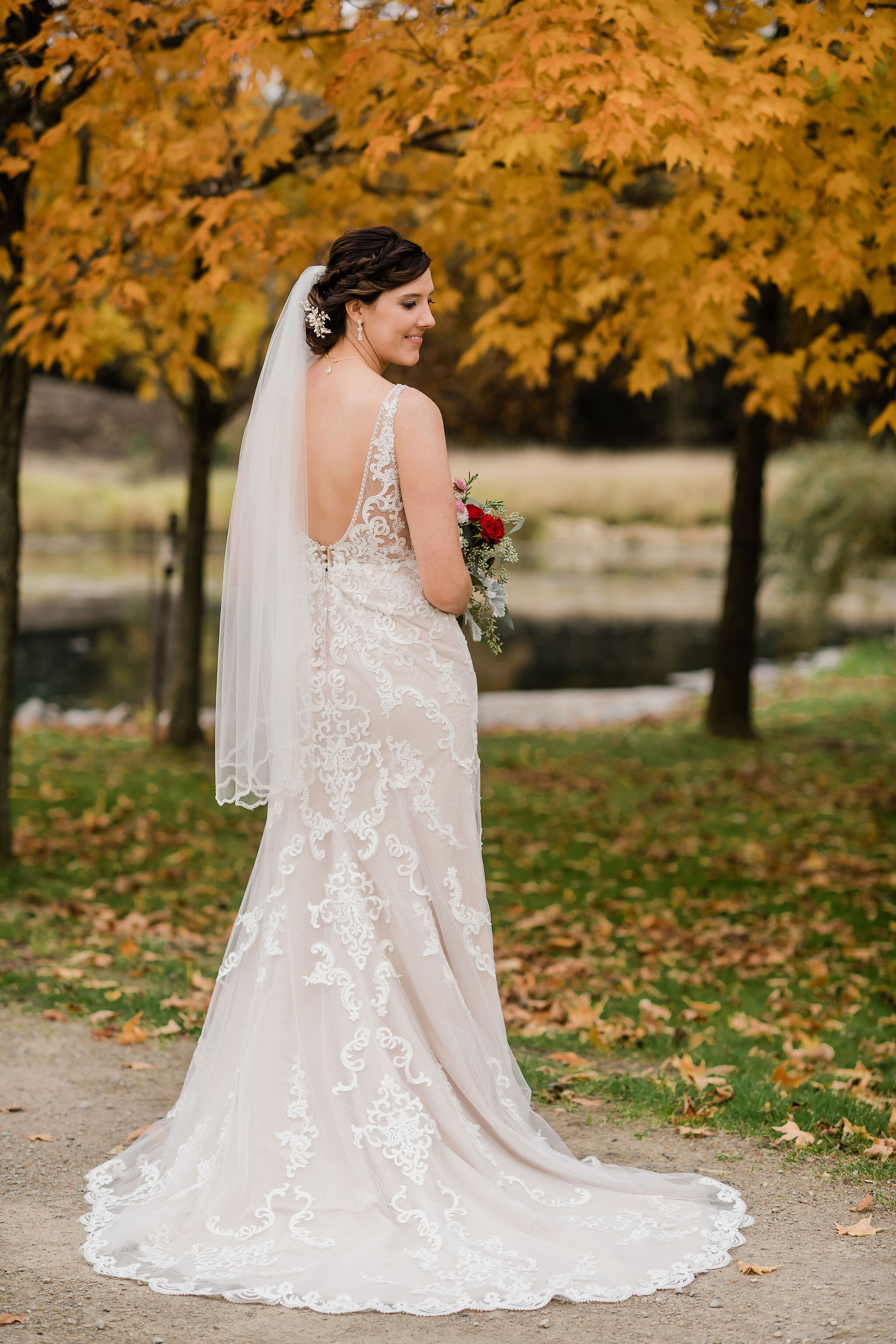Back view of bride in her wedding dress