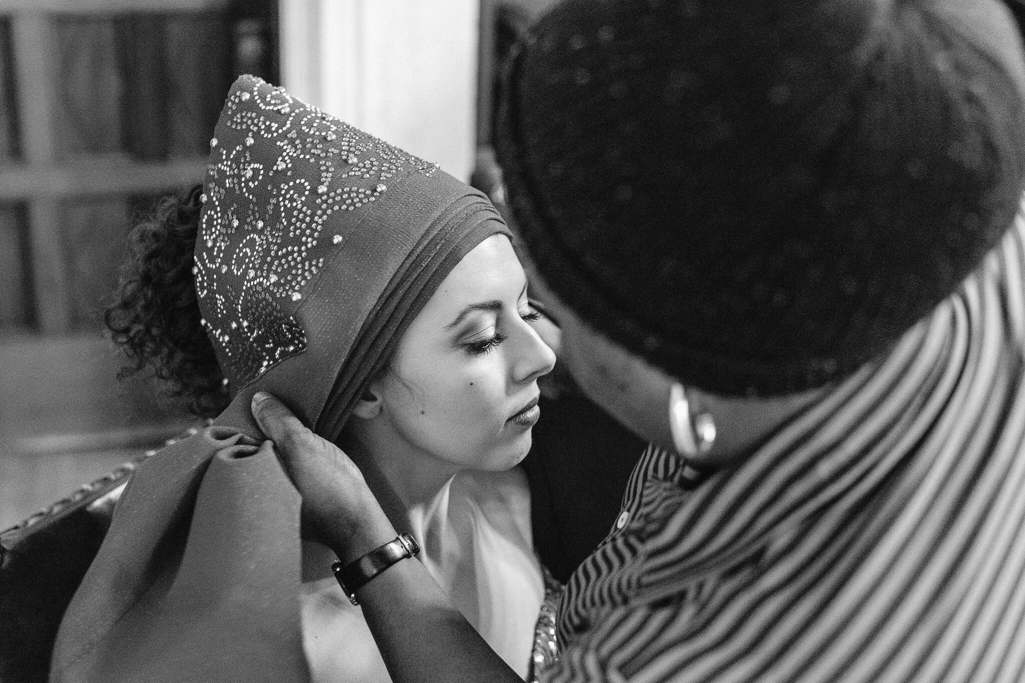 Bride getting her head wrapped