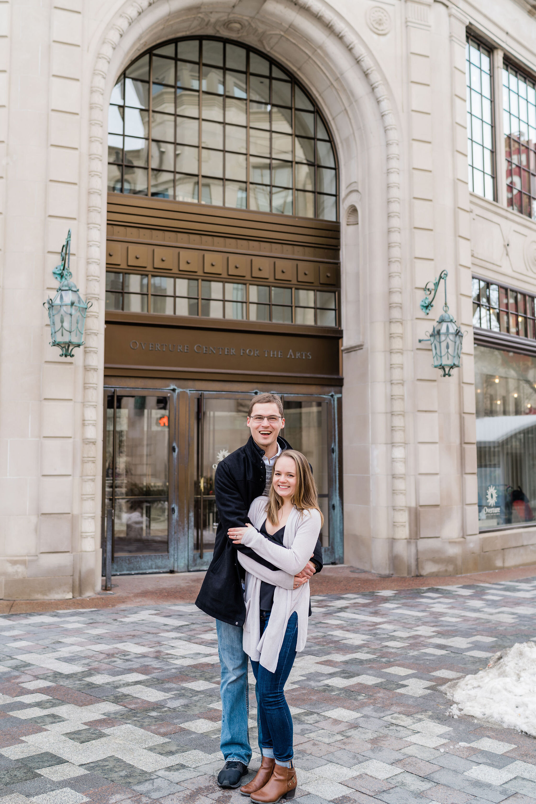 Engaged couple in downtown Madison, WI