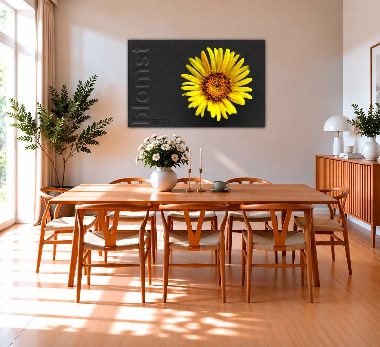 Solbelyst-spisestue-med-gul-blomsterkunst.jpg