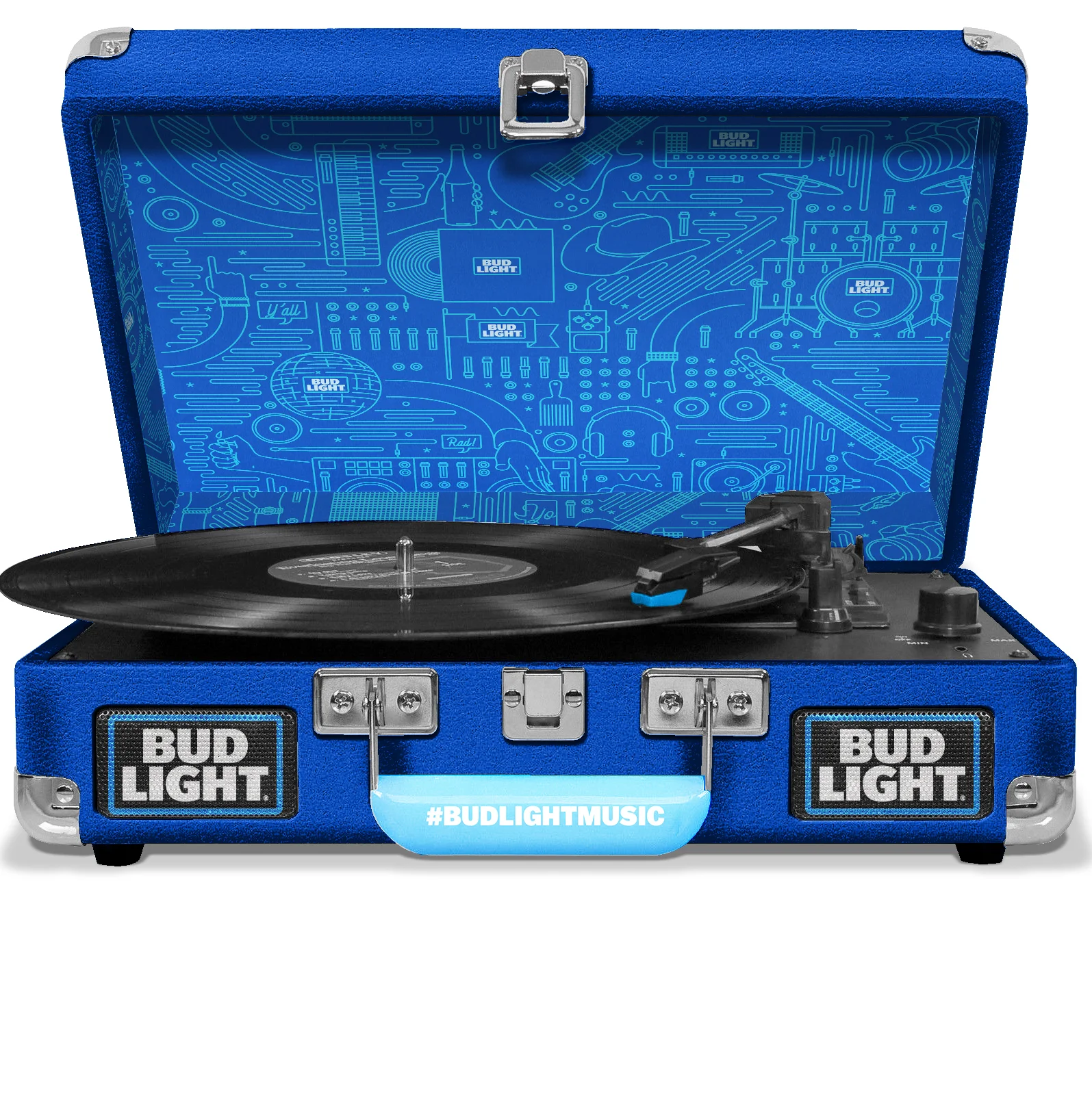 A blue portable record player with a vinyl record on it, branded with Bud Light logos and the hashtag #BUDLIGHTMUSIC, inside an open case with musical-themed illustrations on the interior lining.