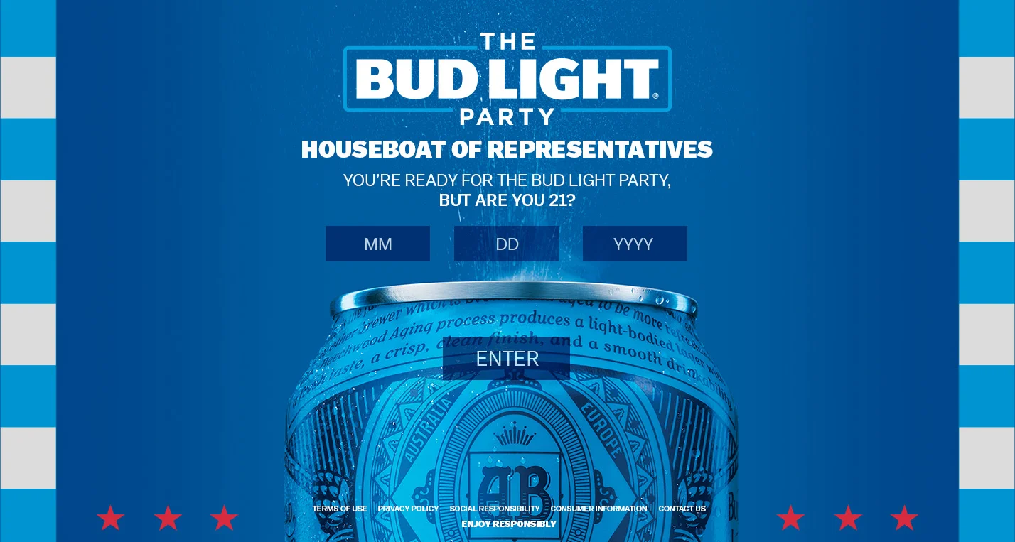 Webpage promoting the Bud Light Party event with a blue background, beer can graphic, and form fields for entering birth date to verify age.