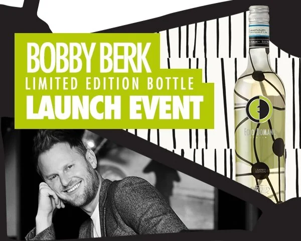 Promotional image for Bobby Berk Limited Edition Bottle Launch Event featuring a smiling man in a suit, a large bottle design, and event details in green and black text.