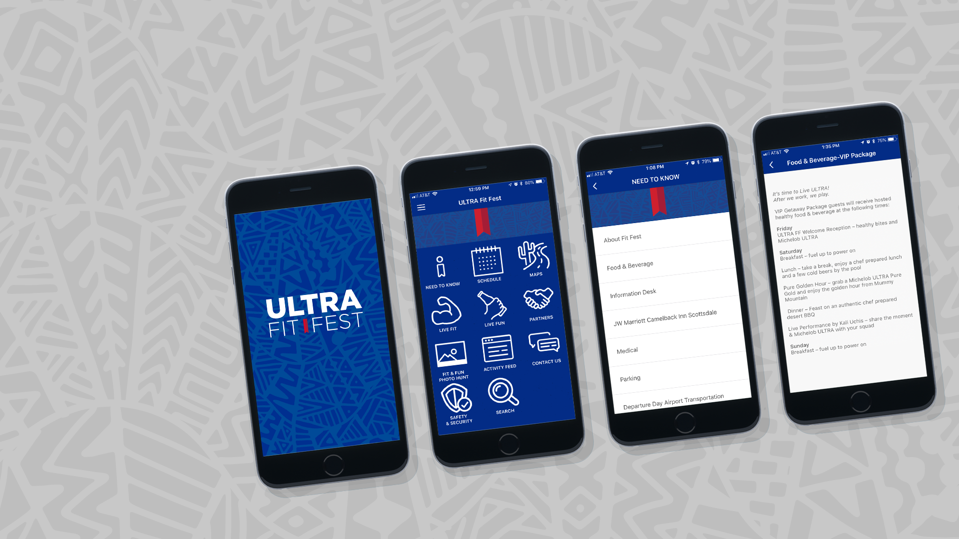 Four smartphones displaying the ULTRA Fit Fest event app screens, showing menus with event information, schedule, food and beverage options, and contact details, placed on a gray patterned background.