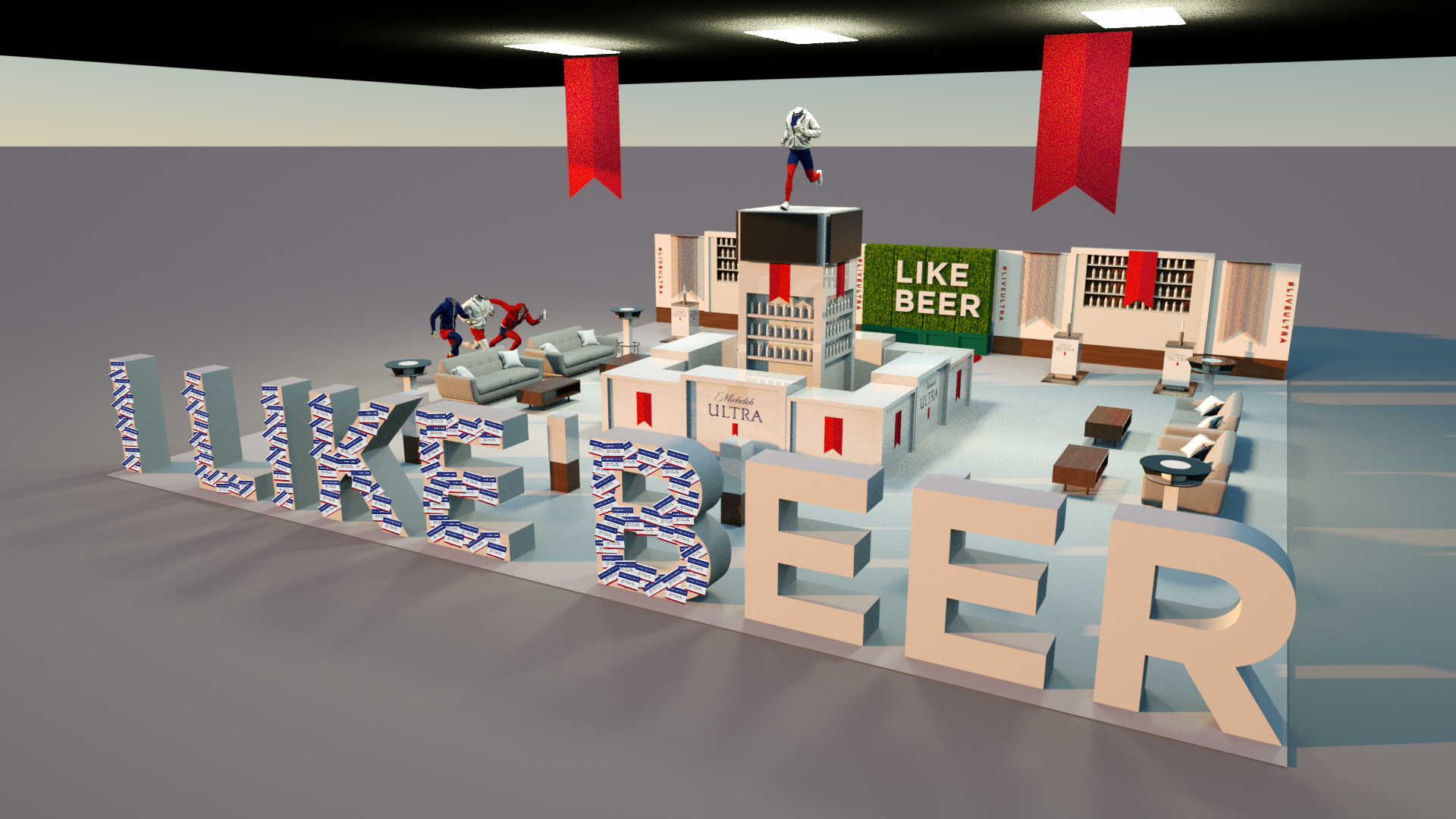 An indoor entertainment setup with large 3D letters spelling 'LIKES' and 'FEED' decorated with patterned paper. There are various couches and small tables arranged around a central bar area with shelves and signs for 'Mitchell's Ultra' beer. The back
