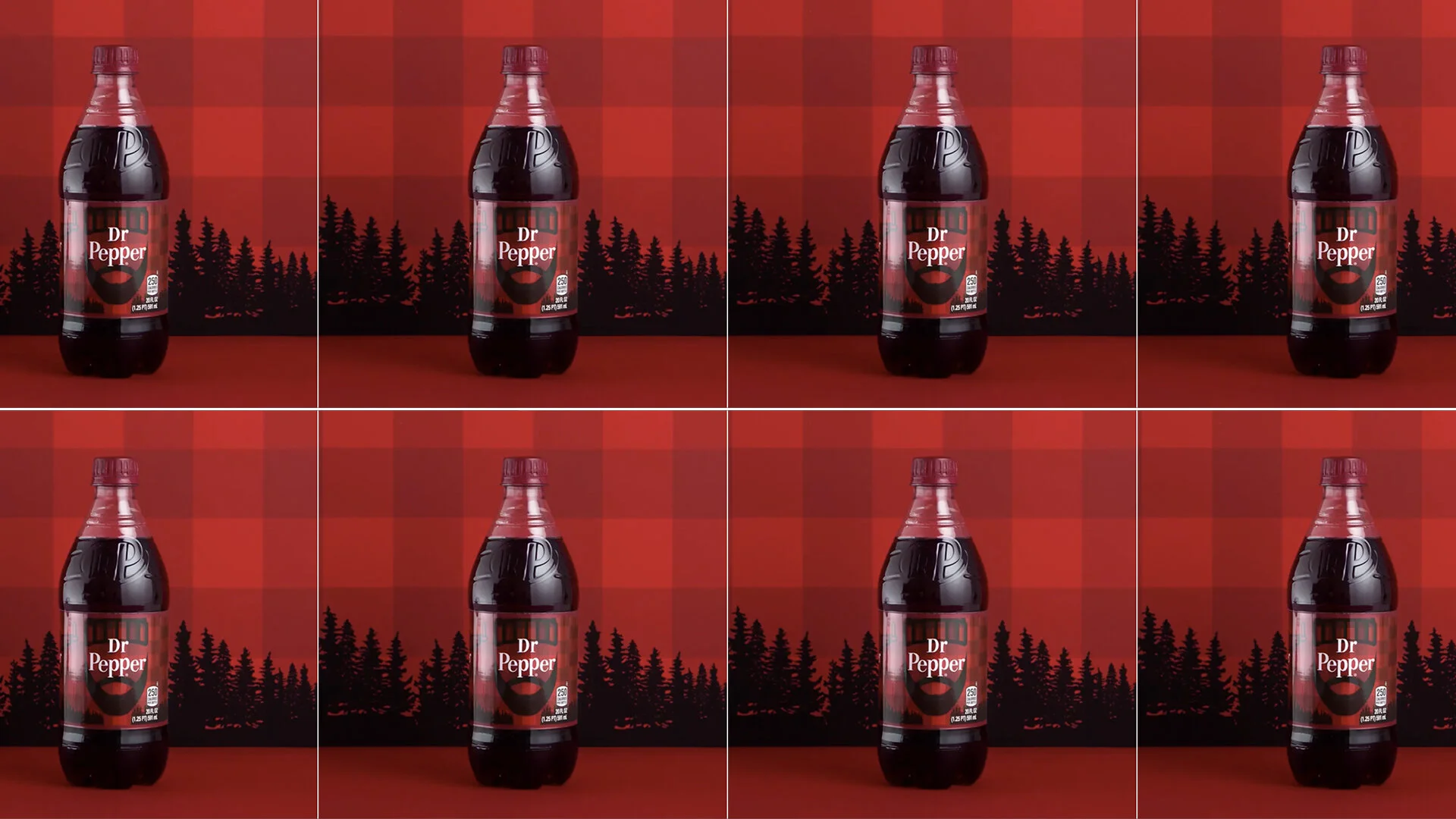 A 3x3 grid of identical bottles of Dr. Pepper soft drink on a red checkered background with black treetops design.