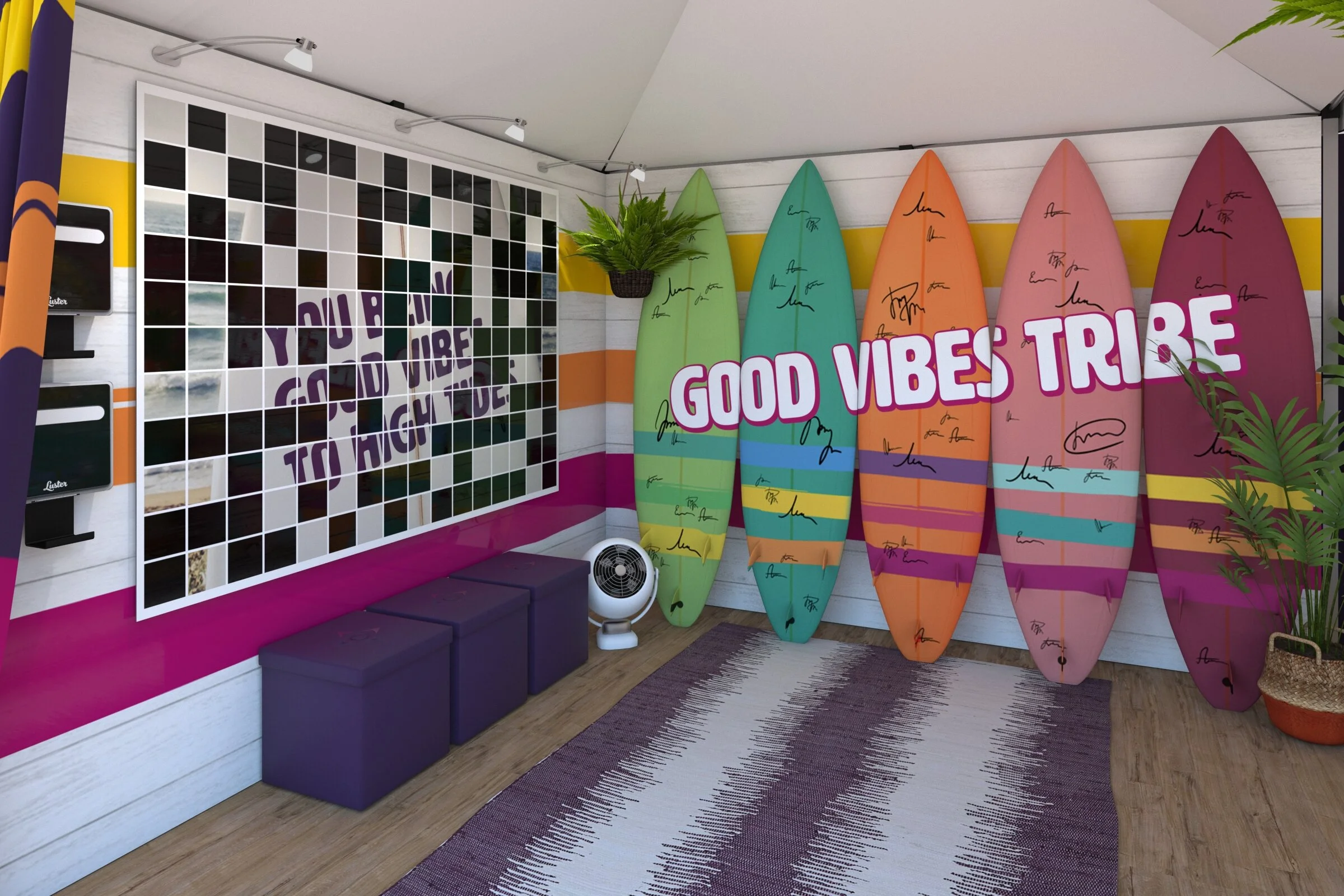 Interior of a store or showroom with surfboards in various colors and signed, arranged vertically against a white wooden wall with a yellow stripe. There are potted plants, a seated area with dark purple cushions, and a large mirror with a grid patte