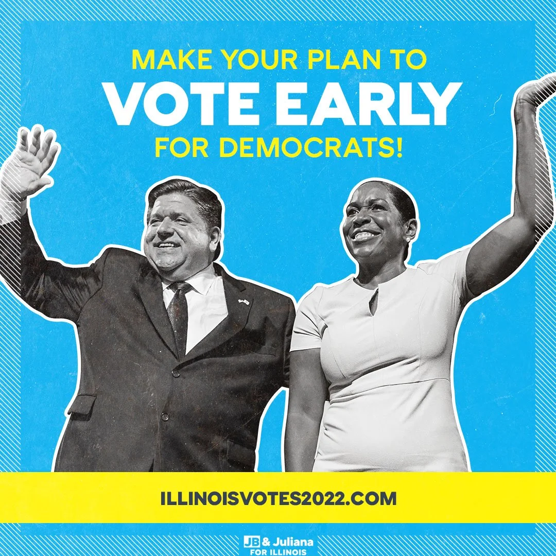 Campaign poster urging early voting for Democrats in Illinois with images of a man and a woman, both smiling and waving, with the URL ilinvotes2022.com at the bottom.