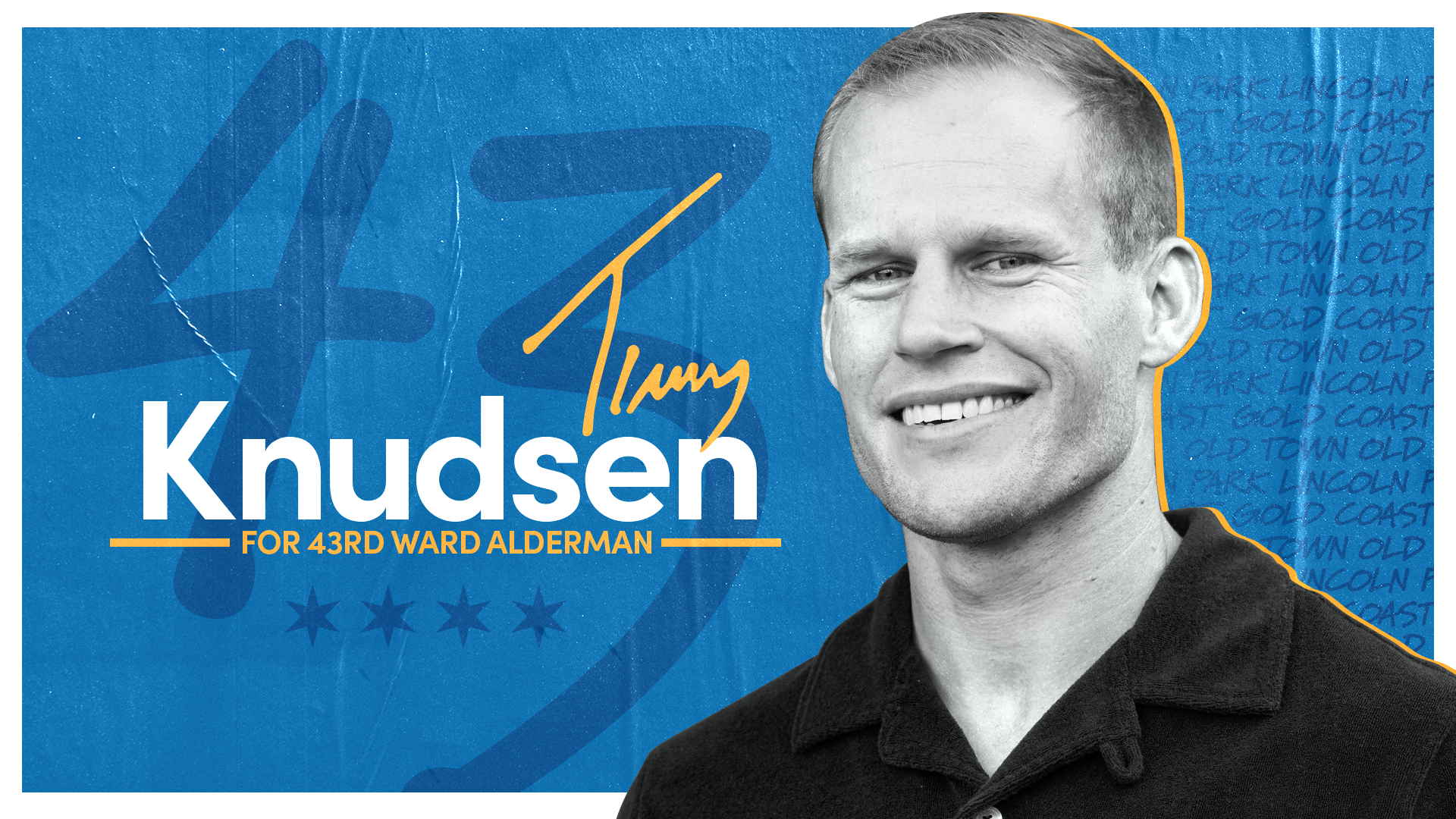 A campaign poster featuring a black-and-white photo of a smiling young man with short hair, wearing a dark jacket. The background is blue with handwritten text and design elements. The poster displays the name "Tim" in a yellow cursive script, with "
