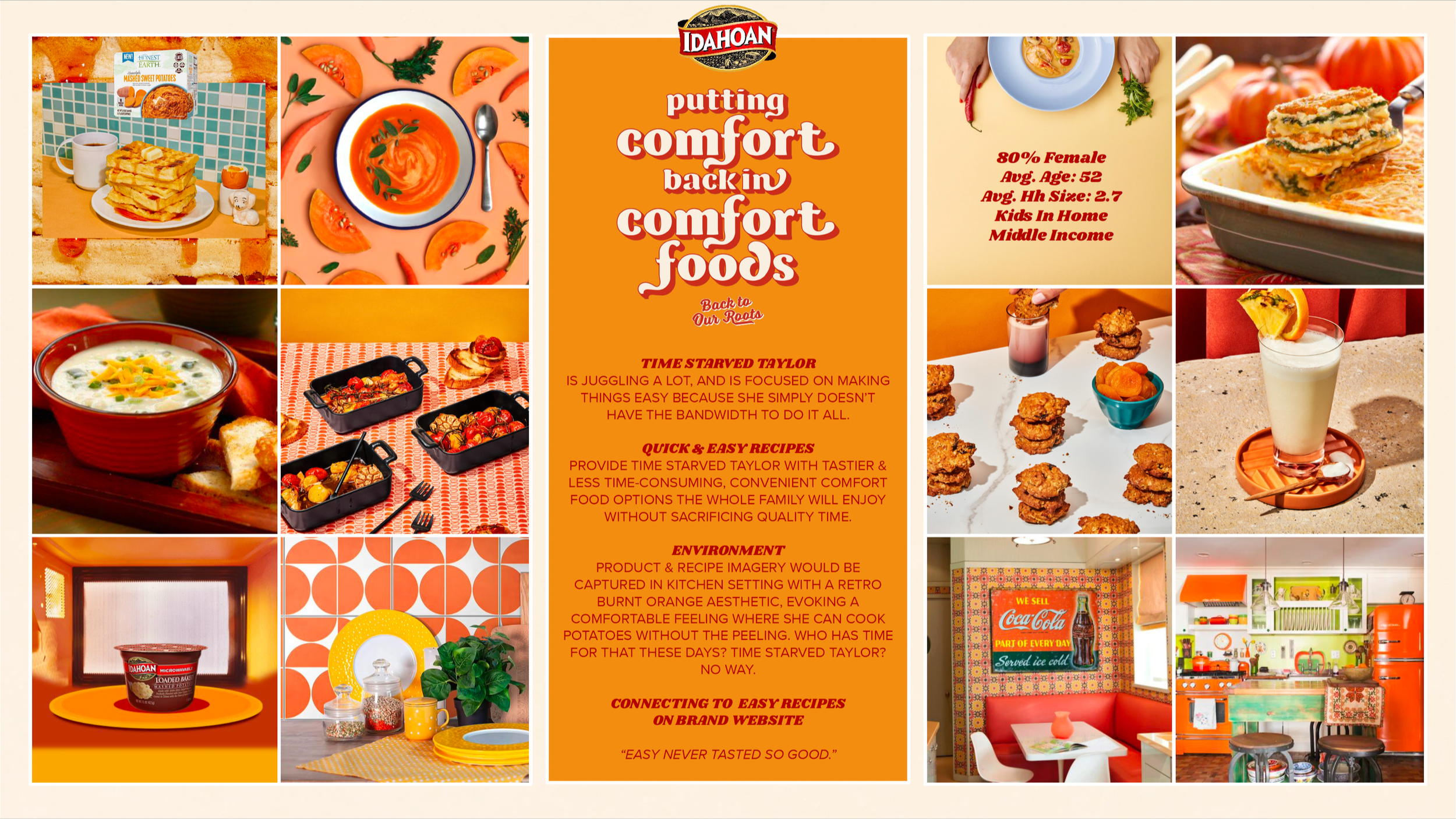 Collage of various comfort foods including layered casserole, tomato soup, baked dishes, fried chicken, layered dessert, milkshake, and colorful retro kitchen decor.