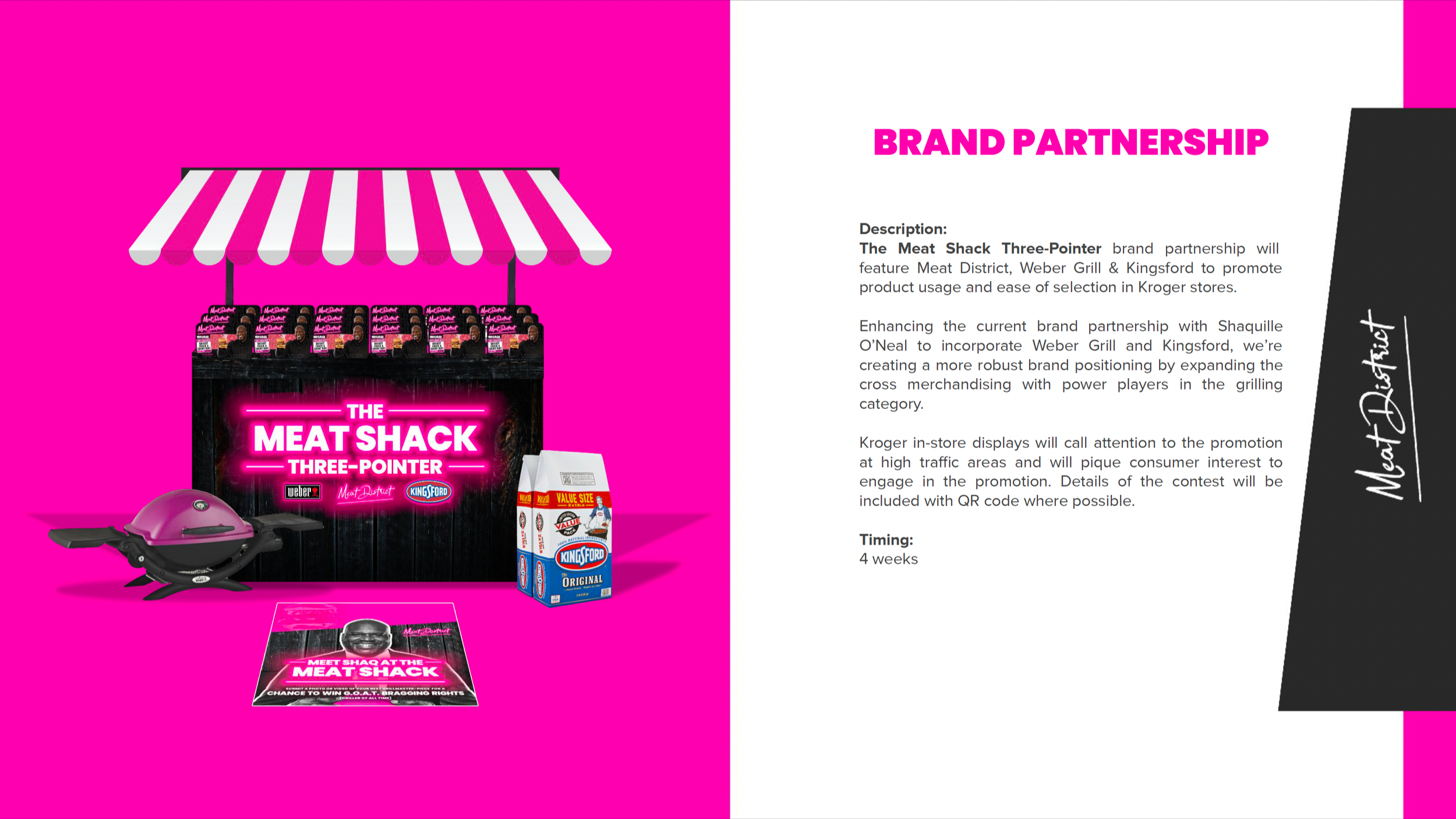 Flyer promoting a brand partnership called 'The Meat Shack Three-Pointer' featuring Meat District, Weber Grill, and Kingsford, with product images including a pink mini grill, a carton of Kingsford charcoal, and a flyer with a pink neon sign logo.